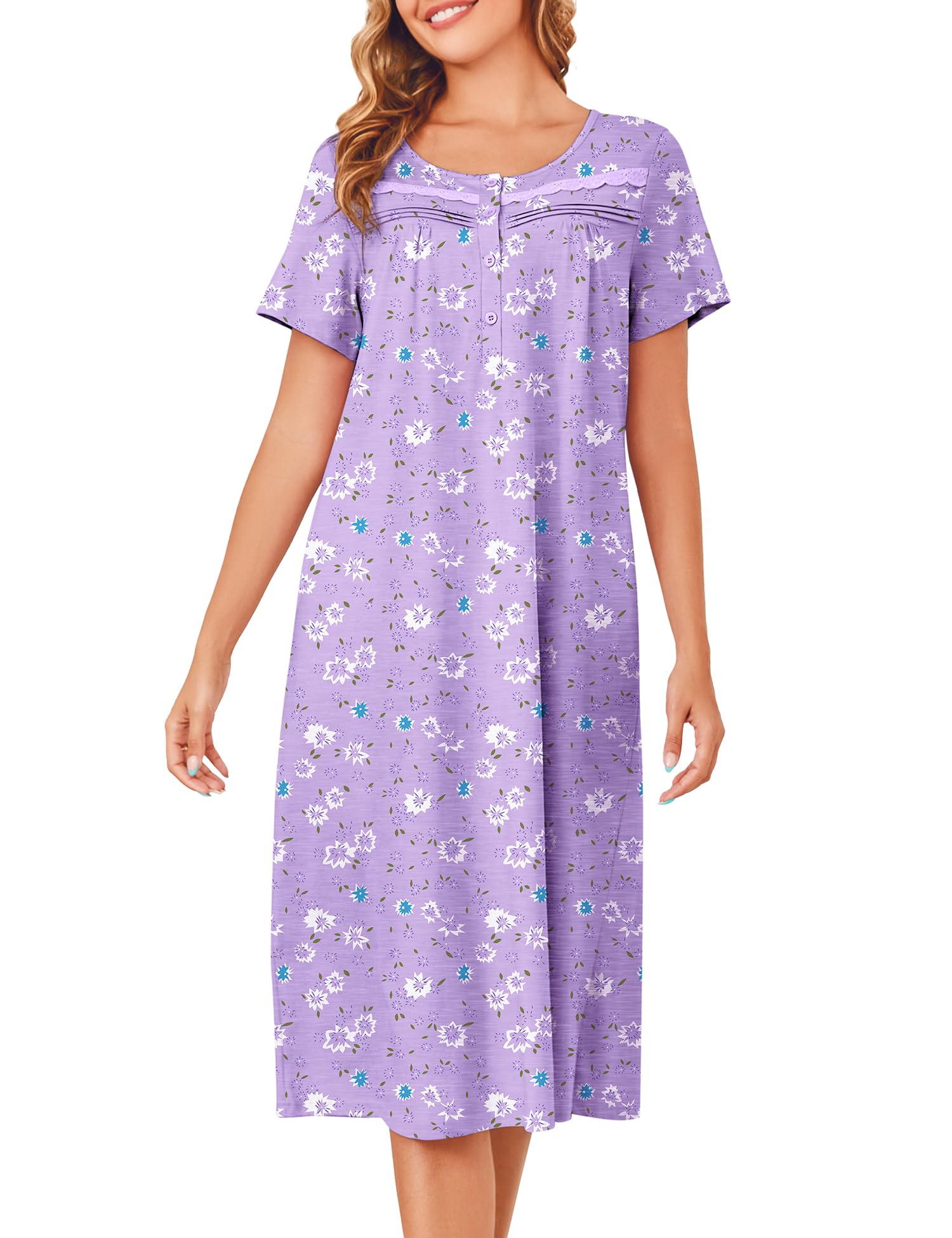 Bloggerlove Nightgowns for Women 100% Cotton Soft House Dress | 100 Full Cotton, Button Neck, Knee Length, Lace Trim Floral, Breathable, Skin-frieend, Loose Fit, Comfy Sleepwear WEBE CLOTHING