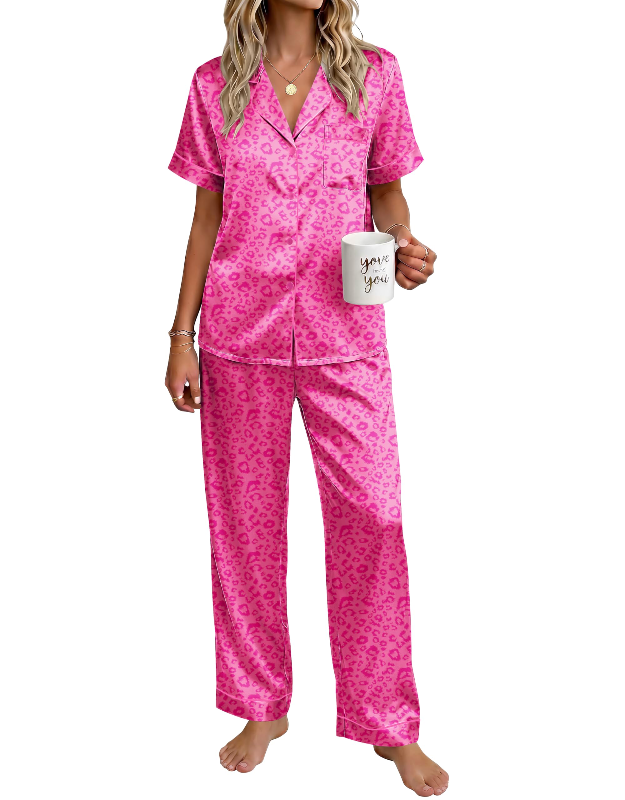 Ekouaer Womens Silky Satin Pajamas Set Short Sleeve Button Down Sleepwear 2 Piece Lounge Set Pj Set WEBE CLOTHING