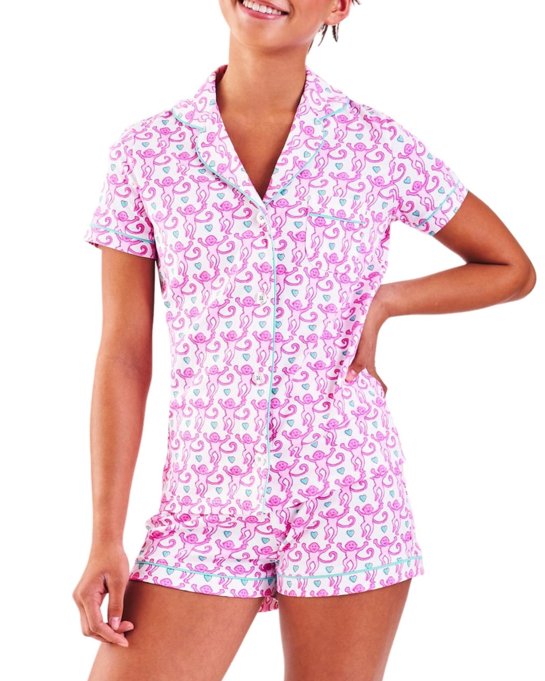 Women Y2k Pajamas Set Cute Preppy 2PCS Button Down Holiday Monkey Shorts Summer Outfit Beach Vacation Loungewear PJs WEBE CLOTHING