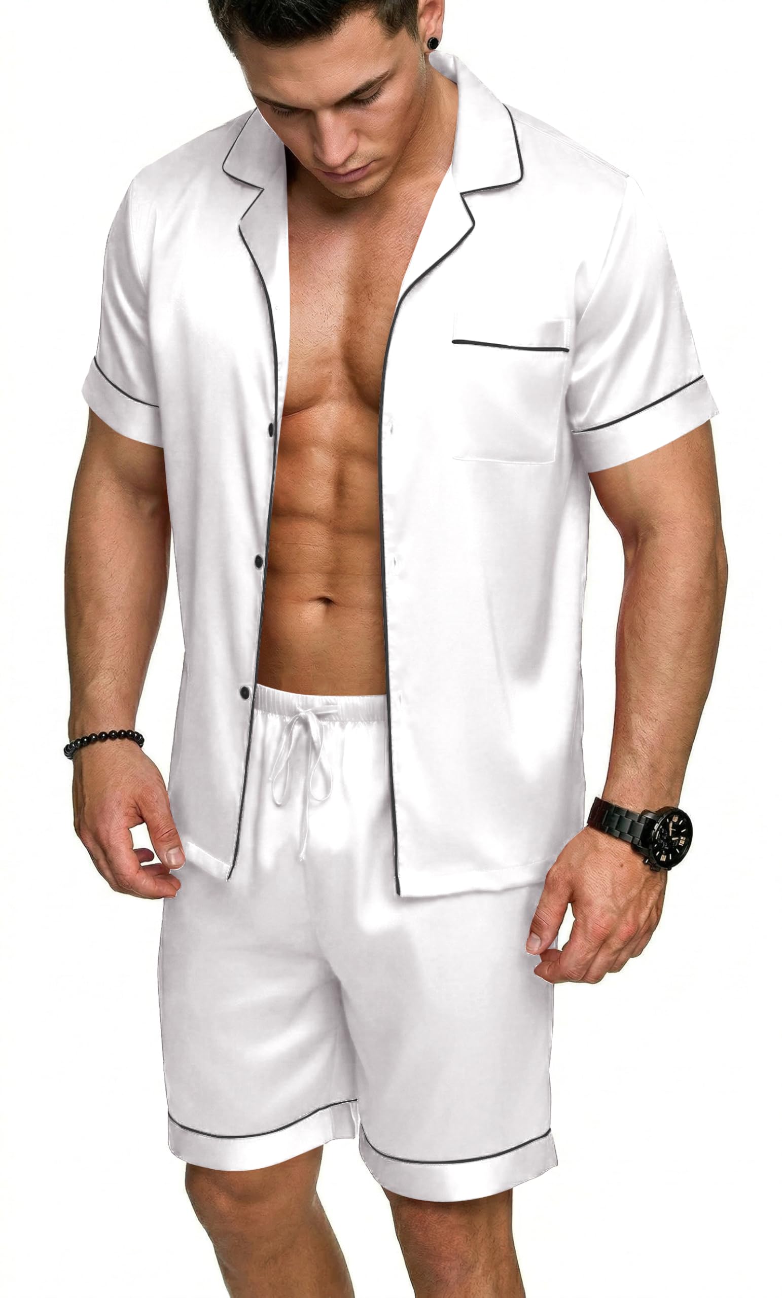 Ekouaer Mens Silk Satin Pajamas Set, Short Sleeve Sleepwear Lightweight Button Up Lounge Pjs Set with Pockets S-4XL WEBE CLOTHING