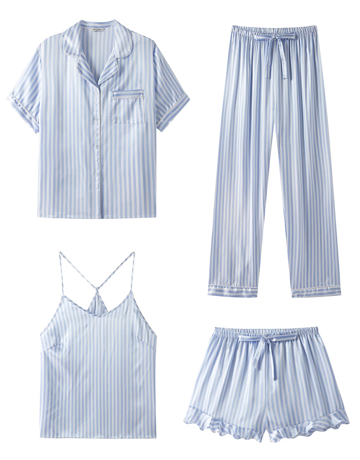 SAPJON Silk Pajamas for Women Set 4Pcs Ruffled Satin Pajamas Set Button Down Short Sleeve Cami Shorts Sleepwear Pj Set