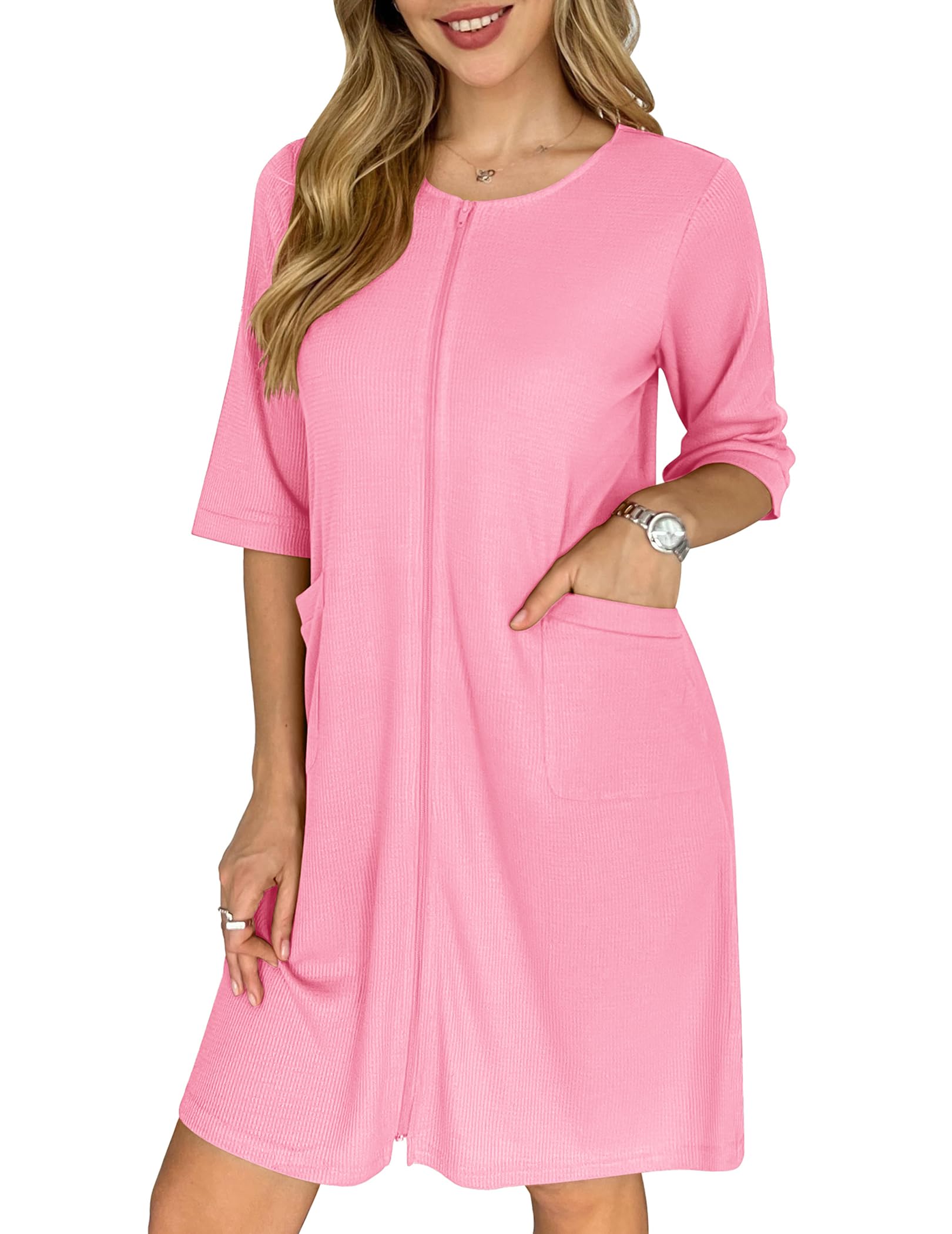 Ekouaer Zip Up Robes for Women Short Waffle Bathrobe Lightweight house coat 3/4 Sleeve Soft Nightgown with Pockets S-3XL WEBE CLOTHING