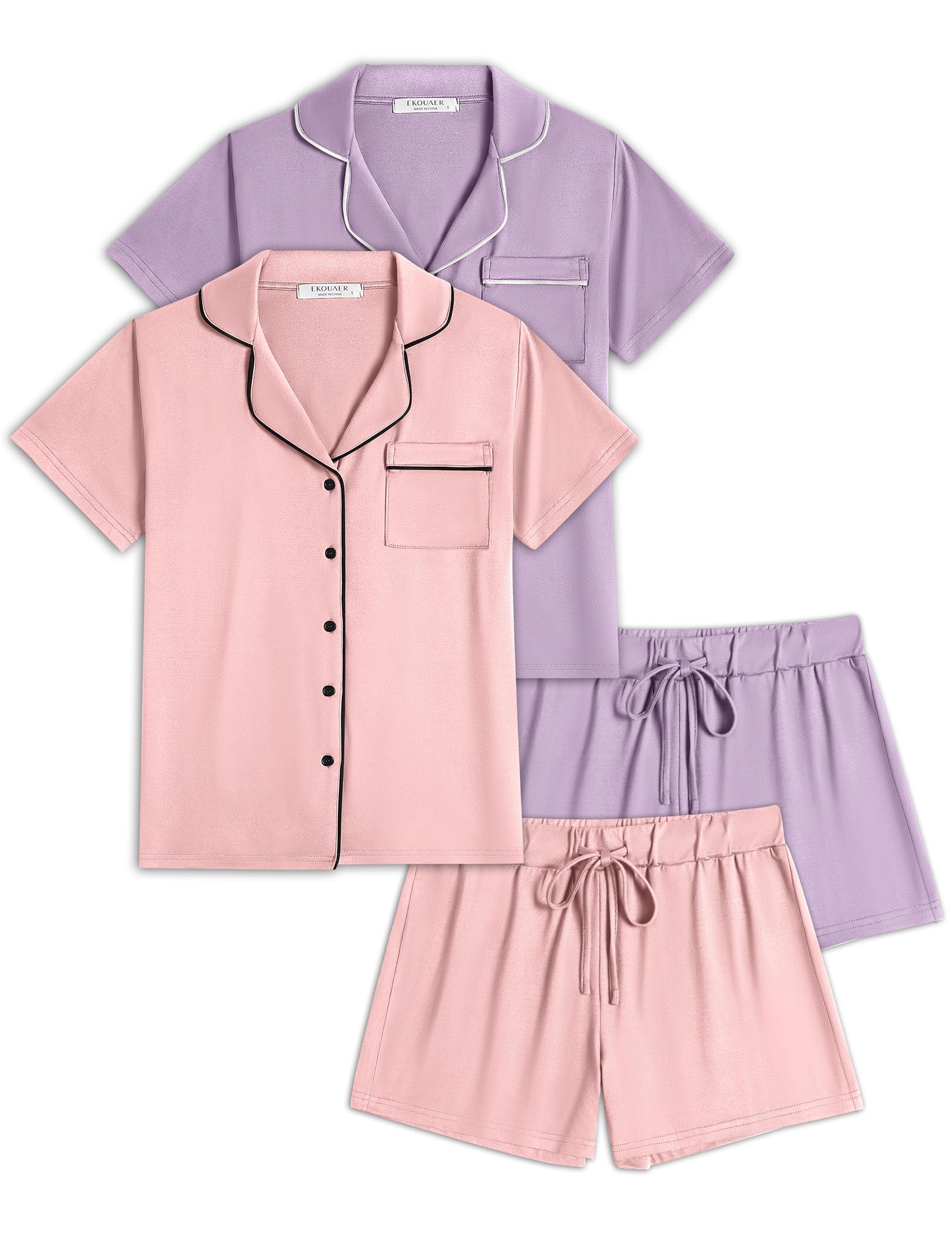 Ekouaer Womens Pajamas Set 2 Pack Button Down Summer Sleepwear Short Sleeve Comfy Pjs Loungewear Set