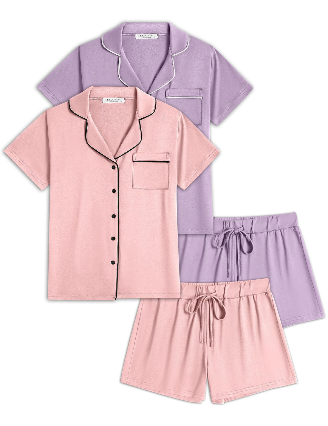 Ekouaer Womens Pajamas Set 2 Pack Button Down Summer Sleepwear Short Sleeve Comfy Pjs Loungewear Set
