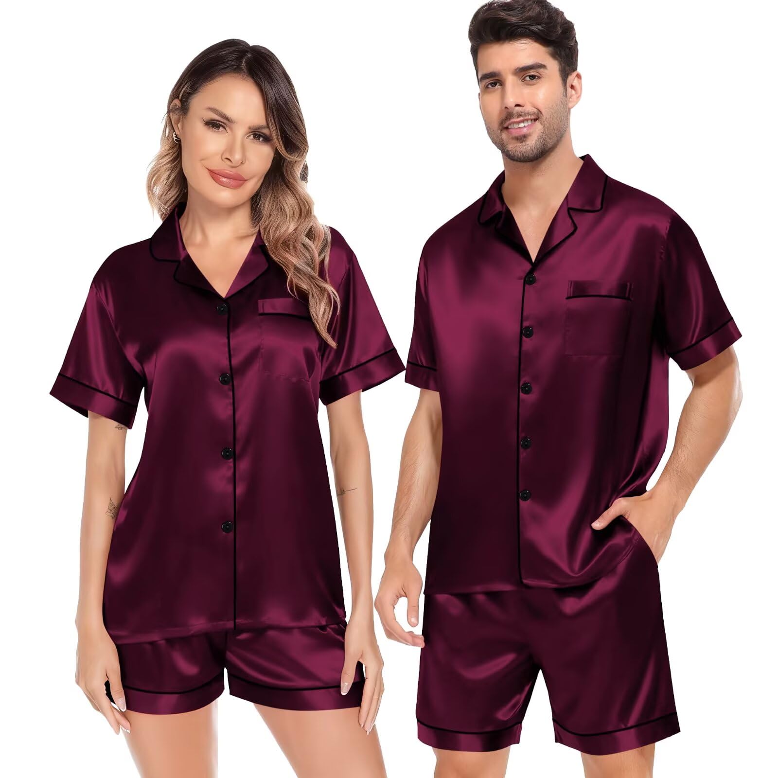SWOMOG Satin Matching Pajamas Sets Couple Silk Button Down Nightwear Women & Men Short Sleeve Sleepwear 2 Pieces Loungewear