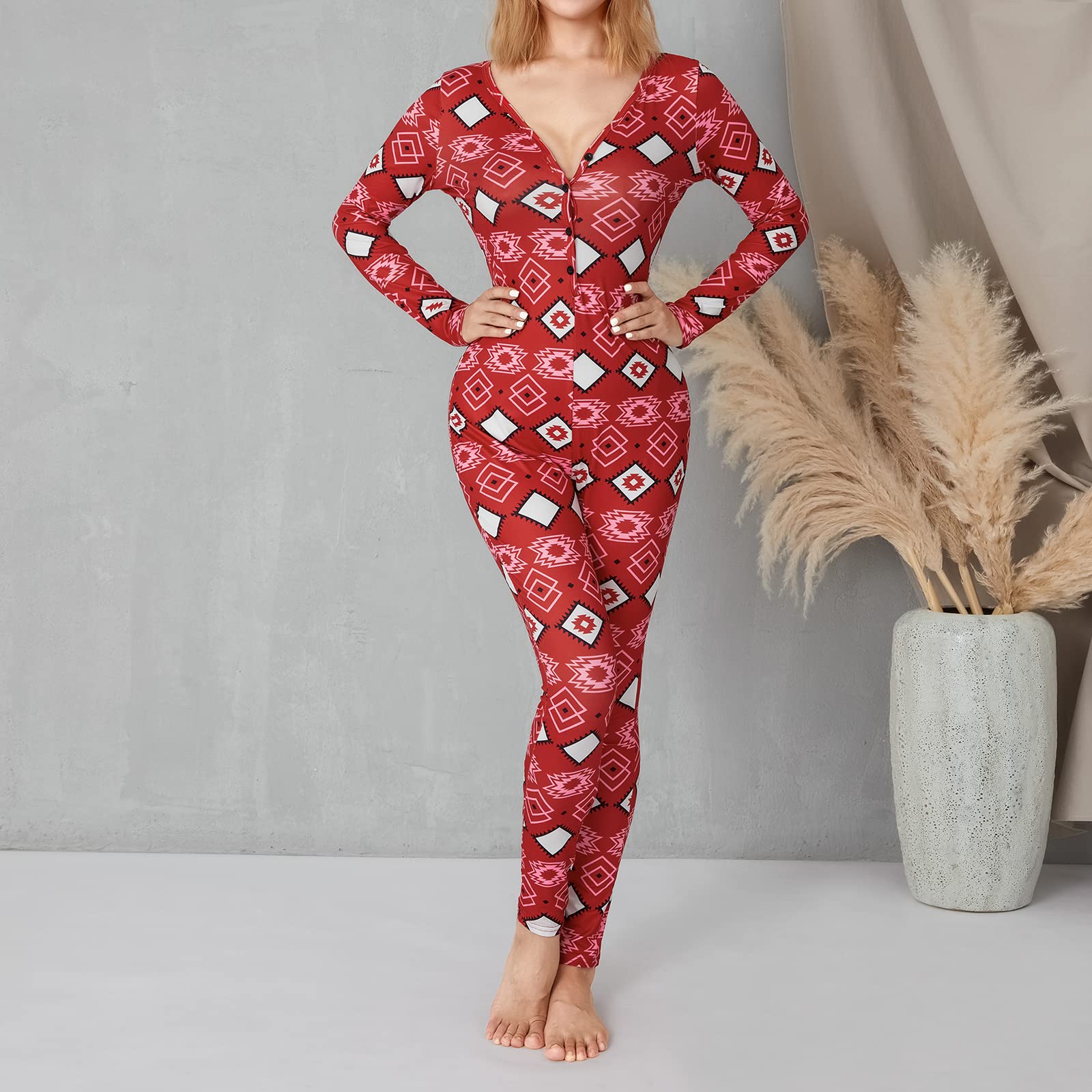 Women Christmas Long Sleeve Stripe Heart One Piece Pajamas Bodycon Jumpsuit Button Neck Sleepwear WEBE CLOTHING