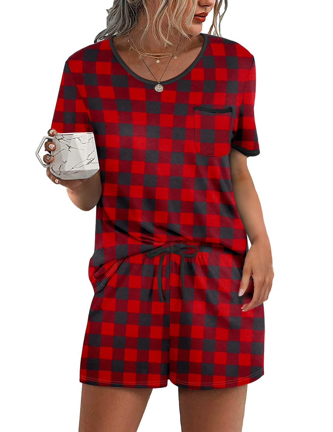 Ekouaer Pajama Set for Women 2 Piece Lounge Set Short Sleeve Tops and Shorts Soft Sleepwear, Chest Pocket