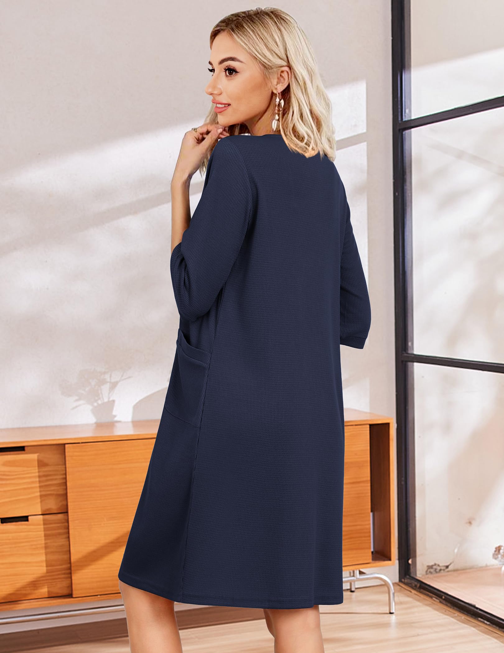 Ekouaer Zip Up Robes for Women Short Waffle Bathrobe Lightweight house coat 3/4 Sleeve Soft Nightgown with Pockets S-3XL WEBE CLOTHING