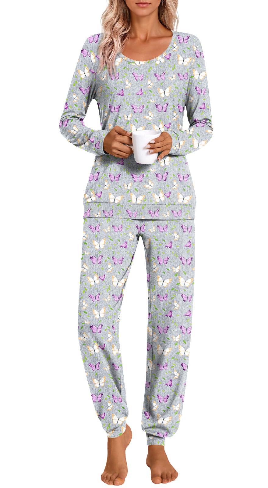 HOTGIFT Womens Pajamas Sets, 2 Piece Lounge Pjs Set Long Sleeve Long Pant Ladies Sleepwear with Pockets Soft
