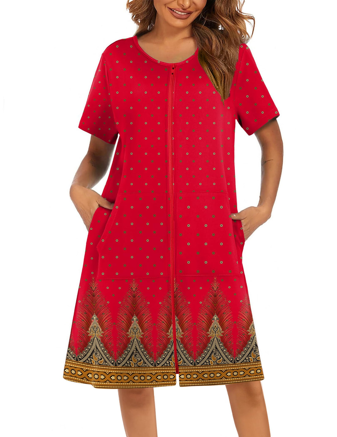 Ekouaer Women Robes Lightweight House Coat Short Sleeve Floral Print Mumu House Dresses with Pockets Zipper Nightgowns