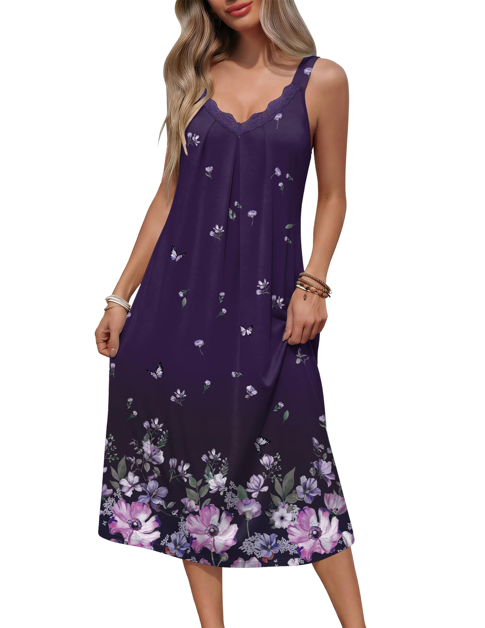 Ekouaer Sleeveless Nightgowns for Women Lace V-neck Long Nightdress Wide Strap Sleepwear Soft Lounge Dresses WEBE CLOTHING