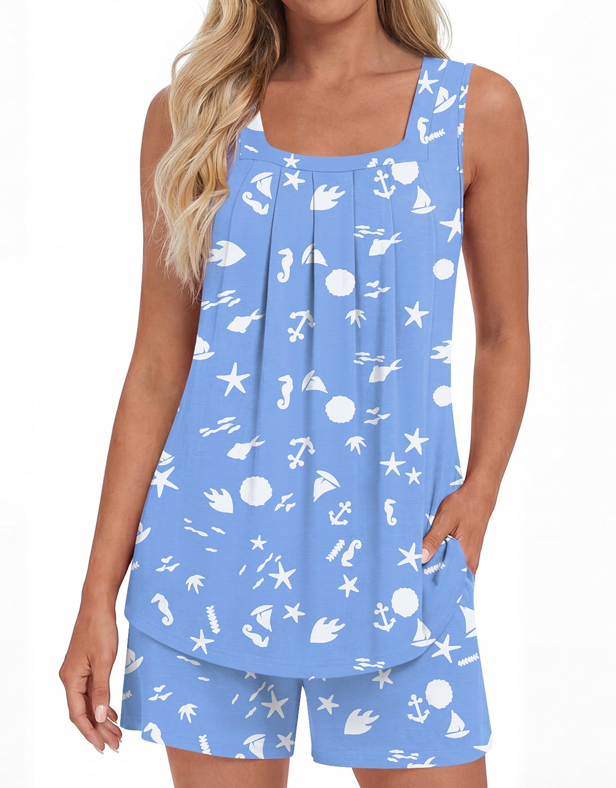 LONGYUAN Womens Sleeveless Pajama Set Soft Summer Lounge Shorts Tank Top Sleepwear with Pockets 2 Piece Set M-3XL