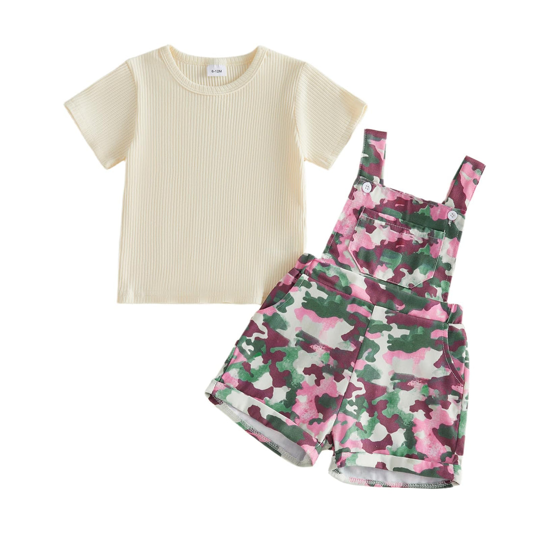 Toddler Baby Girls Summer Outfits T-Shirt Overalls Shorts Set | Short Sleeve Ribbed Shirt, Flower/Apple/Strawberry/Camo/Star/Bee Suspender Overalls, Kid 2Pcs Clothing, Spring Clothes 12M-5Y WEBE CLOTHING