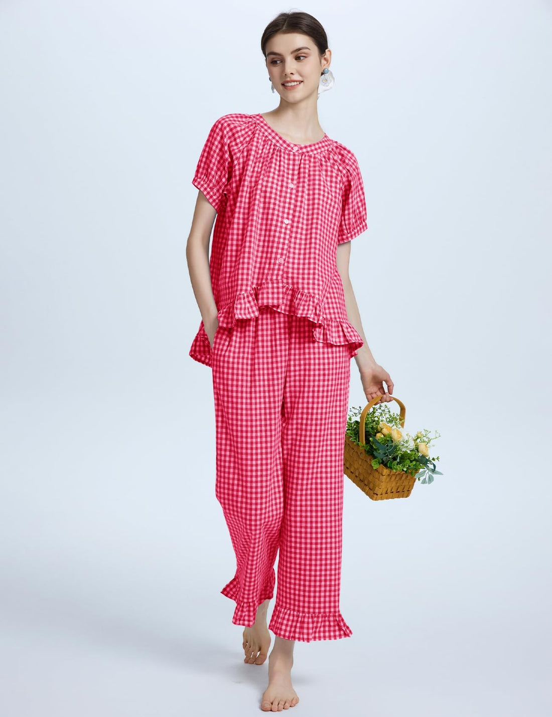 Flygo Womens Plaid 2 Piece Pajamas Sets Gingham Button Down Puff Sleeve Babydoll Shirt Ruffle Pants Y2K Pjs Lounge Set WEBE CLOTHING