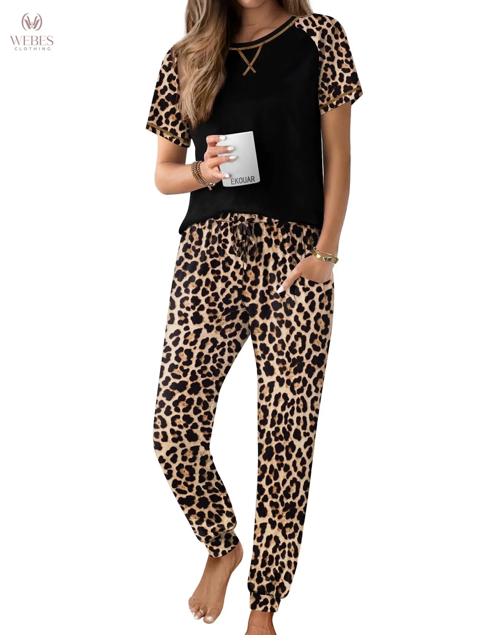 Ekouaer Pajamas for Women Set Short Sleeve PJ Set 2 Piece Jogger Pants | Soft Women Pajama Sets with Cozy Sleepwear Lounge Set Style Featuring Pockets Raglan Short Sleeve Top and Jogger Pants WEBE CLOTHING