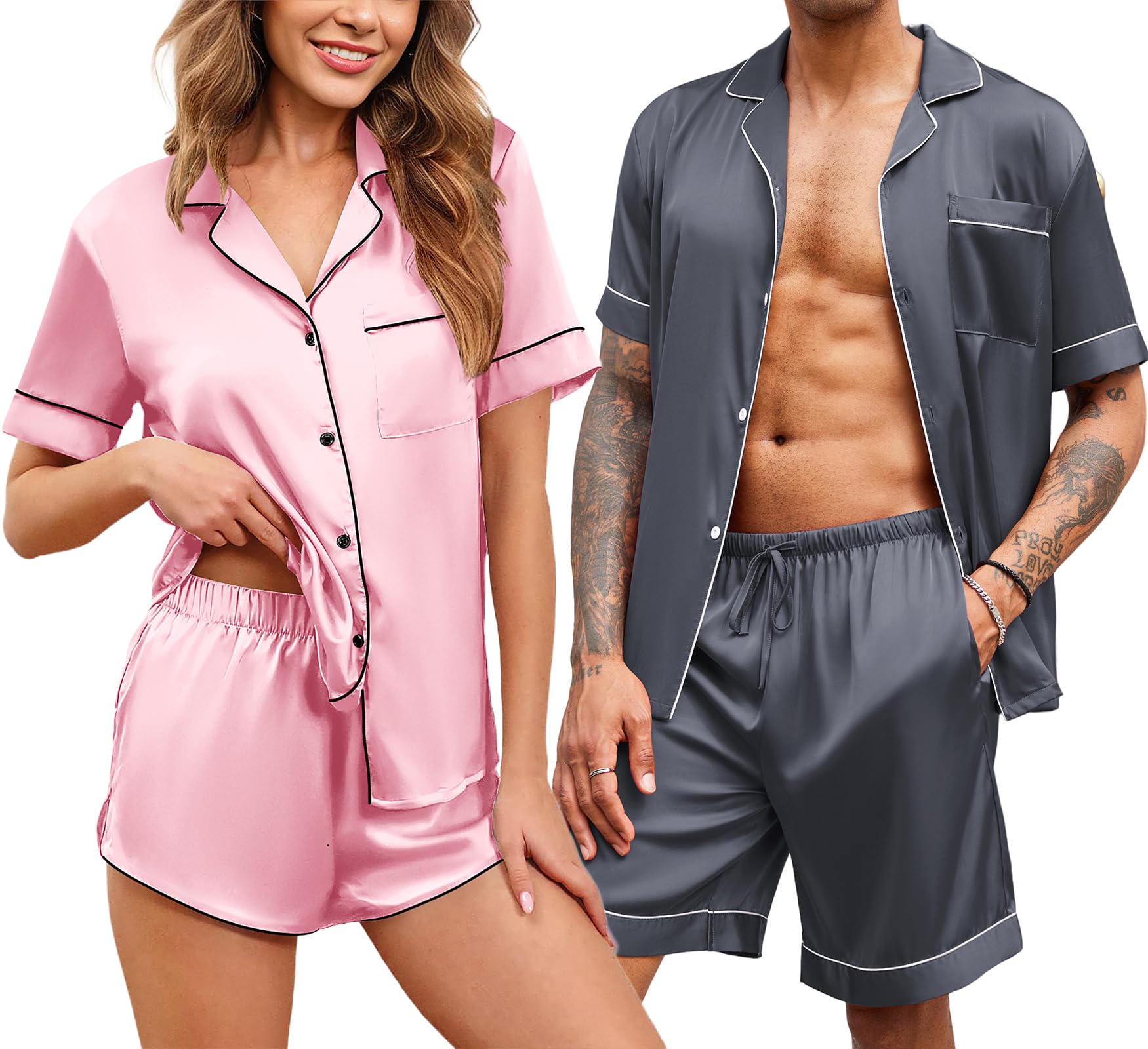 Ekouaer Silk Satin Matching Pajamas Sets Couple Button Down Nightwear Women & Men Short Sleeve Sleepwear 2 Pieces Loungewear