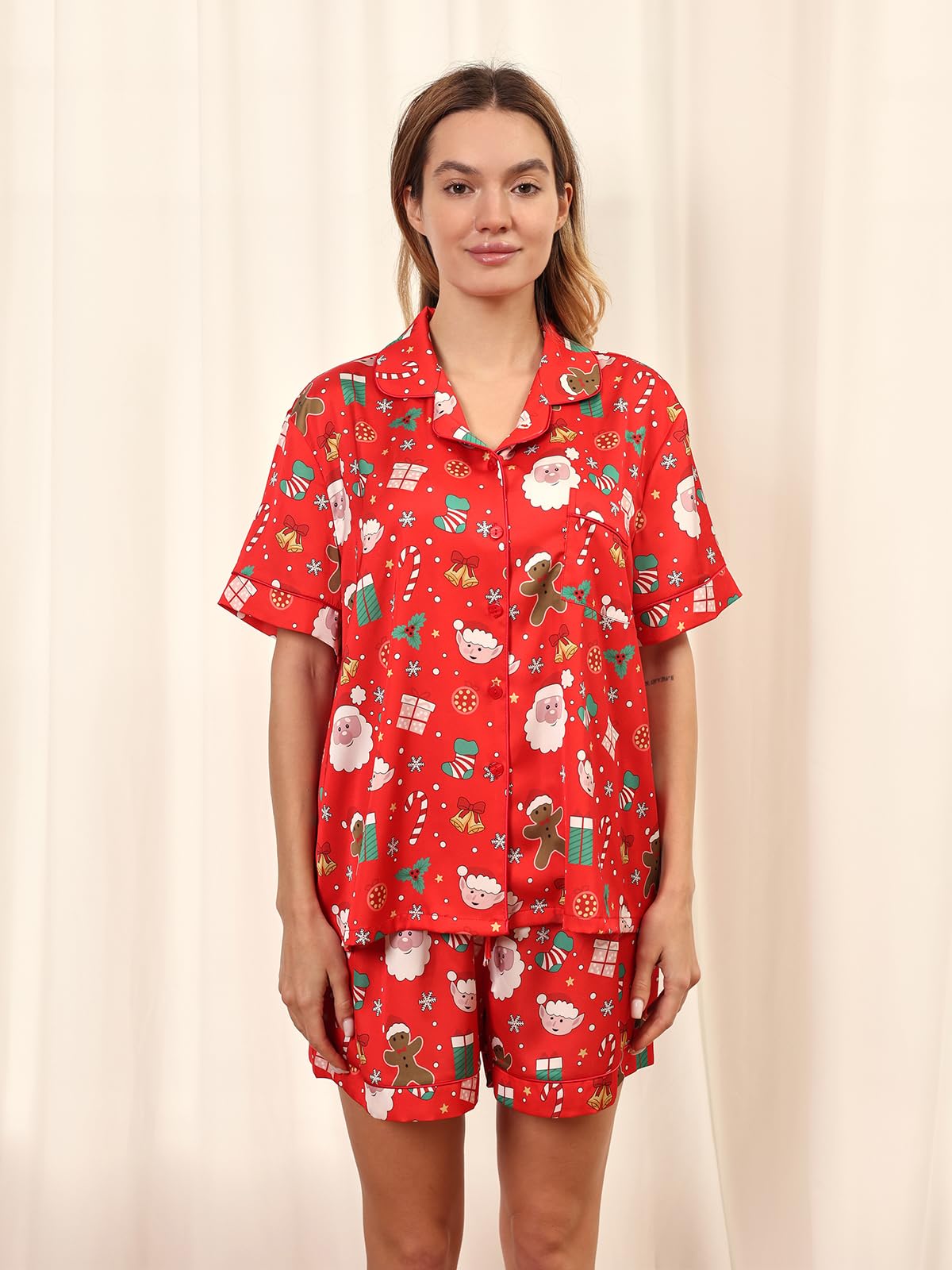Christmas Pajamas Shorts Silk Pjs Women Satin Pajama Cute Print Tee and Shorts Gift Sleepwear 2 Pieces Loungewear