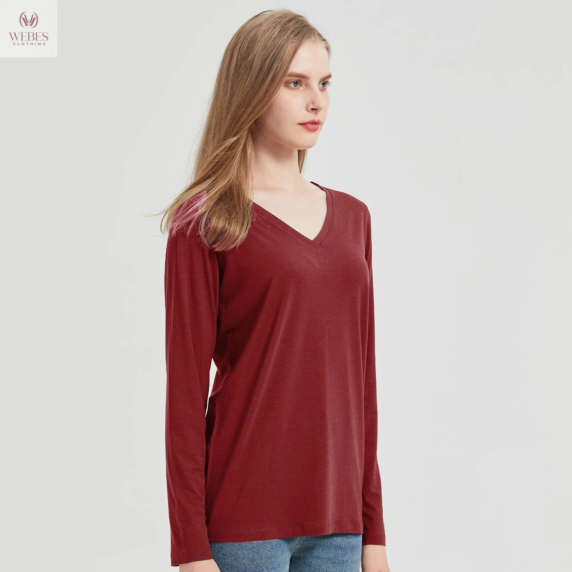 netdraw Women's Bamboo Viscose Long Sleeve V-Neck T-Shirt Soft Comfy Trendy Casual Sleep Pajama Lounge Tops