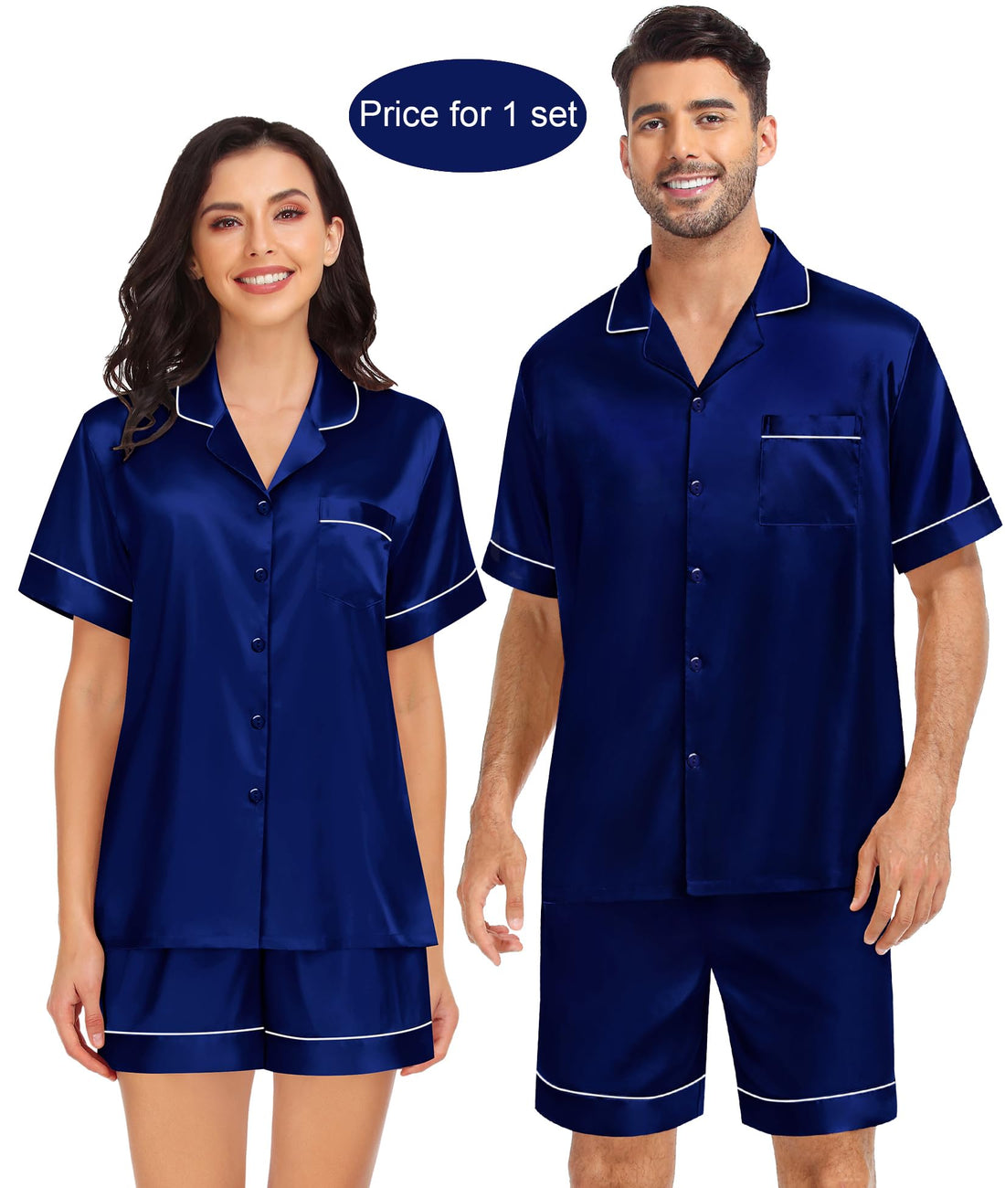 SWOMOG Couples Matching Pajamas Set Satin Short Sleeve Button Down Tops Silk Shorts Pj Lounge Set Soft Sleepwear