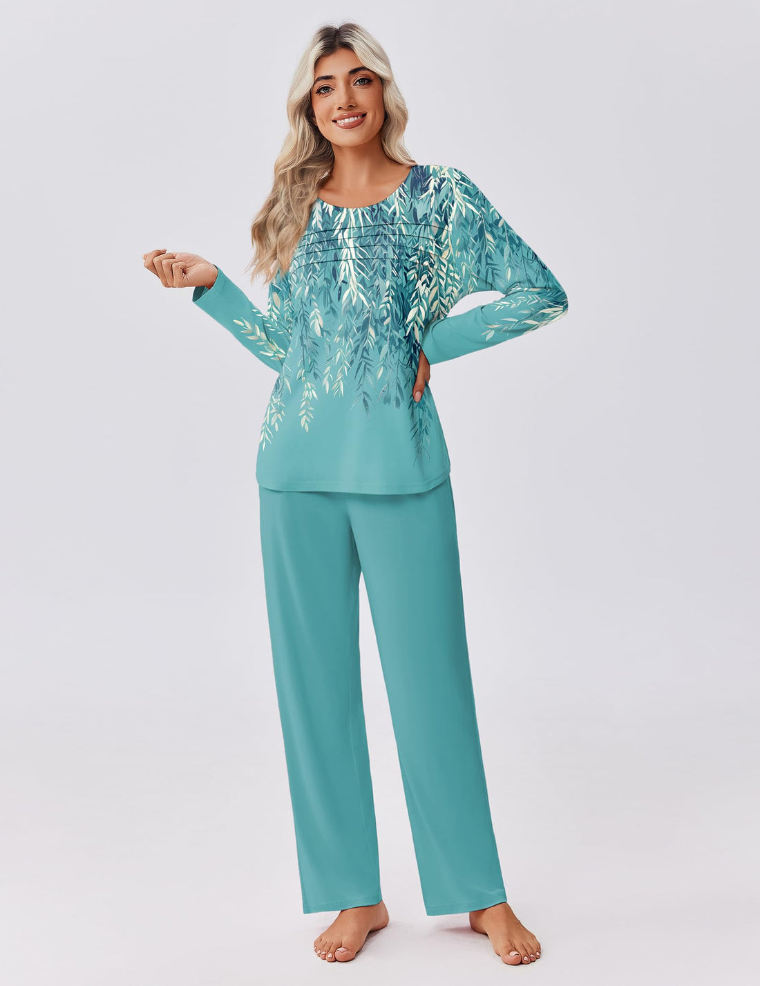 Ekouaer Womens Pajama Sets Pleated Tops with Long Pants Lounge Set Long Sleeve Fall Sleepwear Ladies Pjs S-XXL