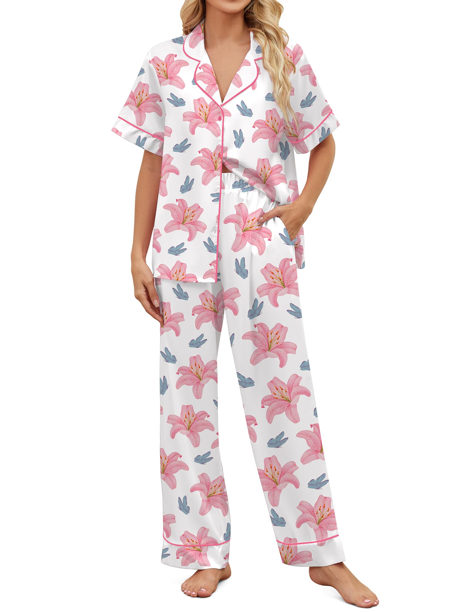 SHESHOW Satin Pajamas for Women Set Button Down Sleepwear Print Pjs Set 2 Piece Short Sleeve Long Loungewear Size XS-XXL WEBE CLOTHING