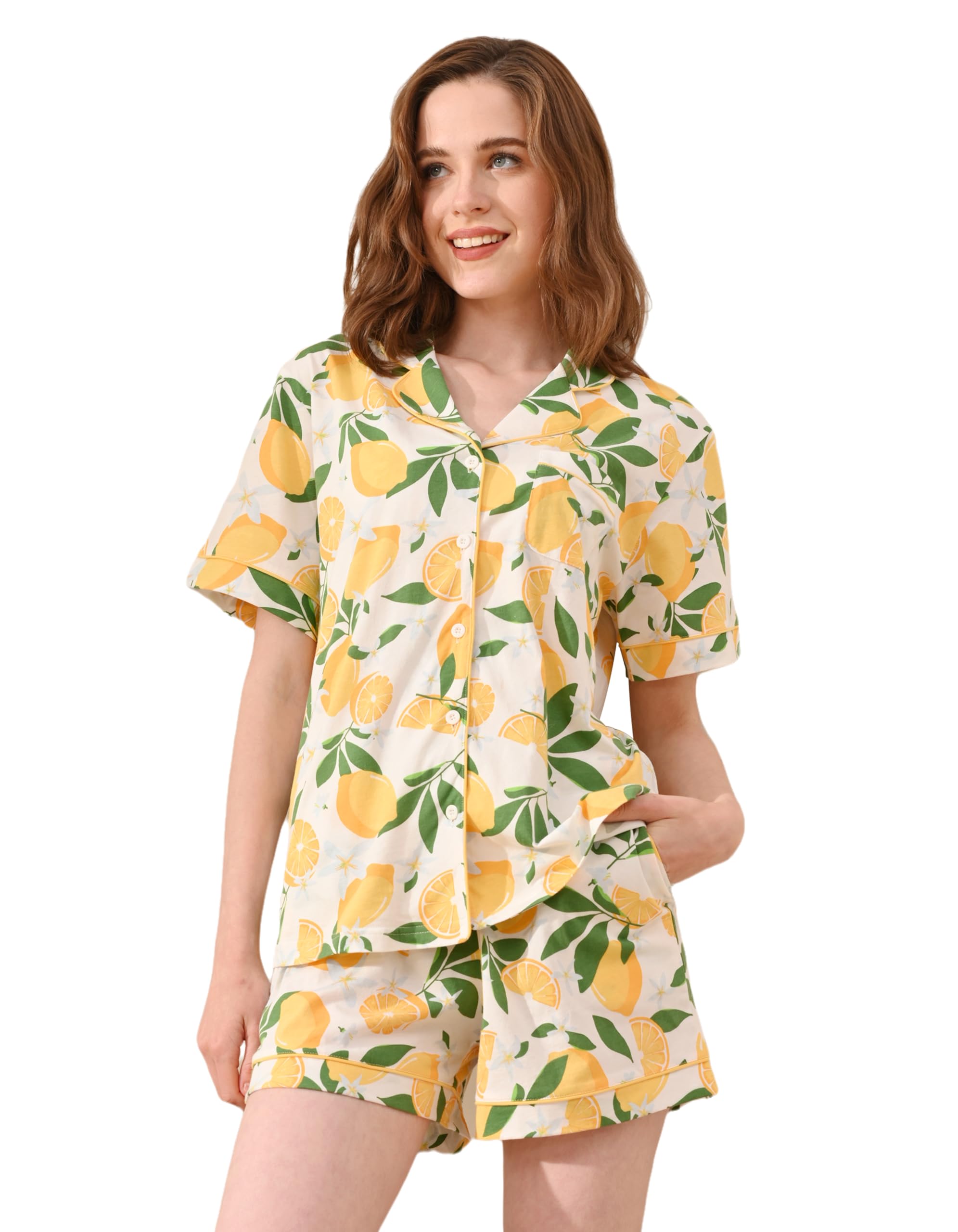NAP BOUND 100% Cotton Pajamas for Women Sets 2 Pieces Pjs Button short sleeves with Pockets Soft Sleepwear Loungewear XS-XXL