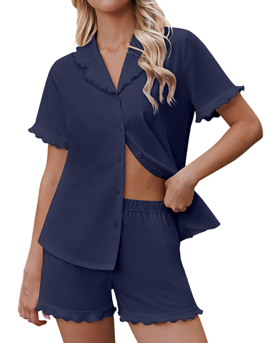 Ekouaer Pajamas for Women Sets Cute Pjs Button Down 2 Piece Short Sleeve Ruffle Lounge Set Sleepwear WEBE CLOTHING
