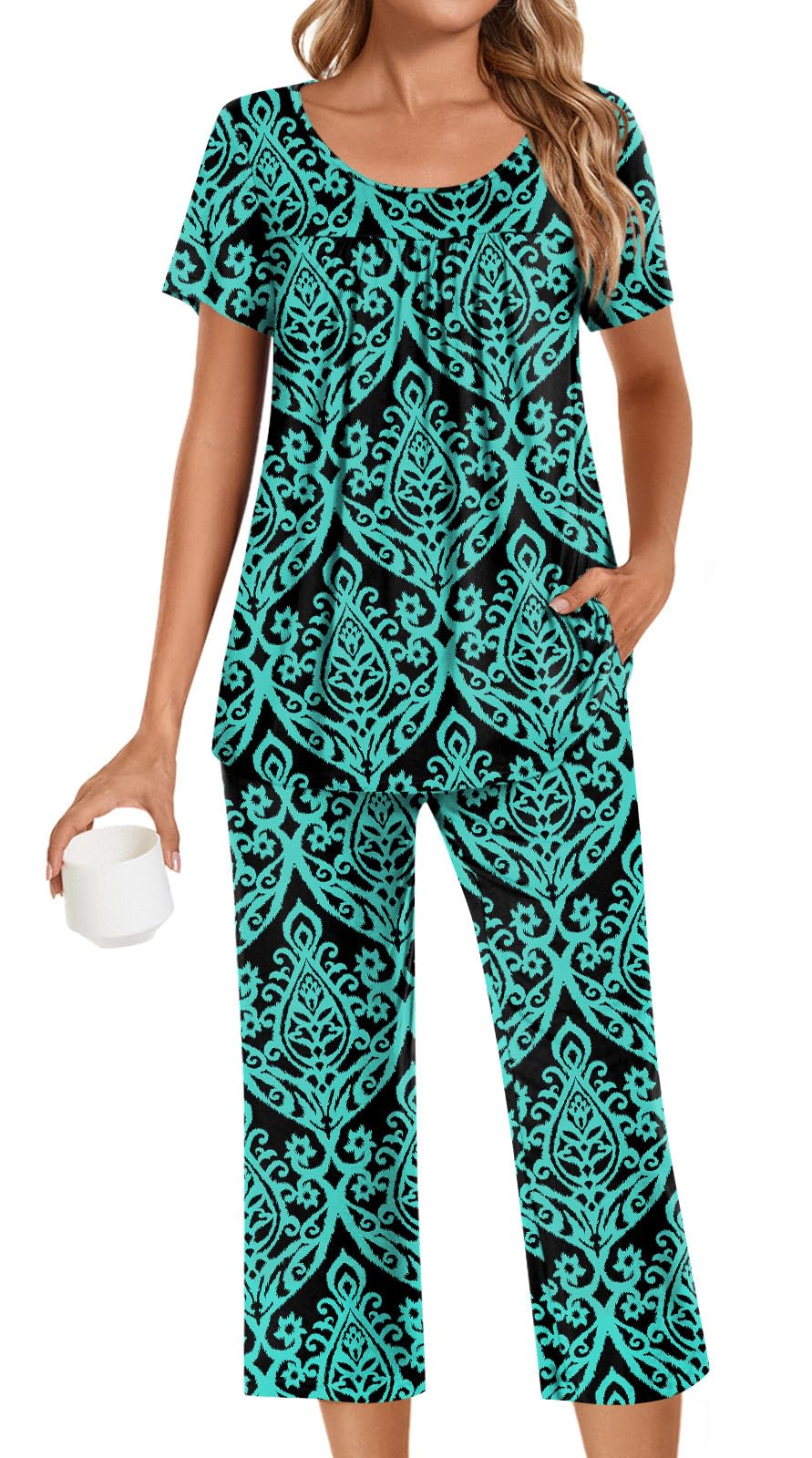 POPYOUNG Womens Pajama Sets Summer Ladies Pjs 2 Piece Loungewear Capri with Pockets Sleepwear