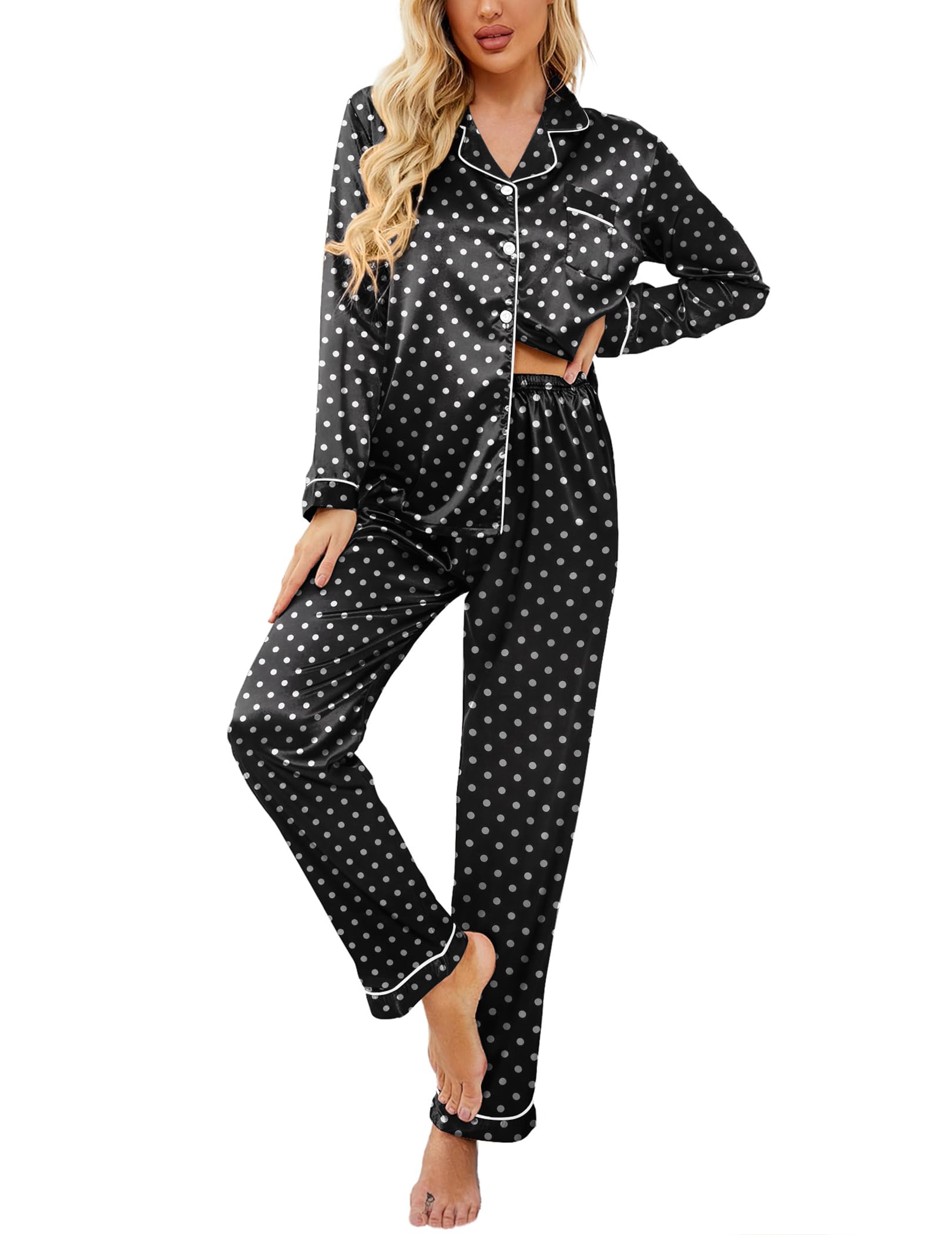 Ekouaer Womens Satin Silky Pajama Set Classic Pattern Button Down Pjs Set | Soft Fabric, Long Sleeve Notch Collar with Contrast Piping, Chest Pocket, Gifting Sleepwear WEBE CLOTHING