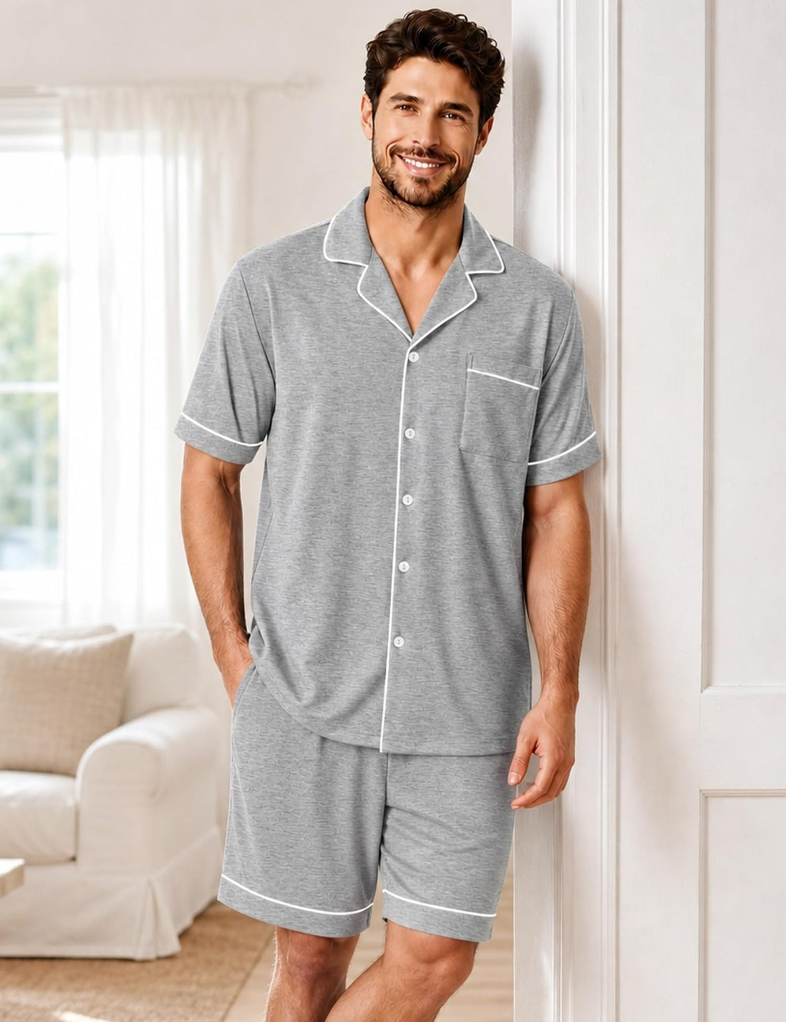 SWOMOG 100% Cotton Mens Pajama Set Short Sleeve Sleepwear Button Down Loungewear 2 PCS Cotton Pjs Set with Pockets WEBE CLOTHING