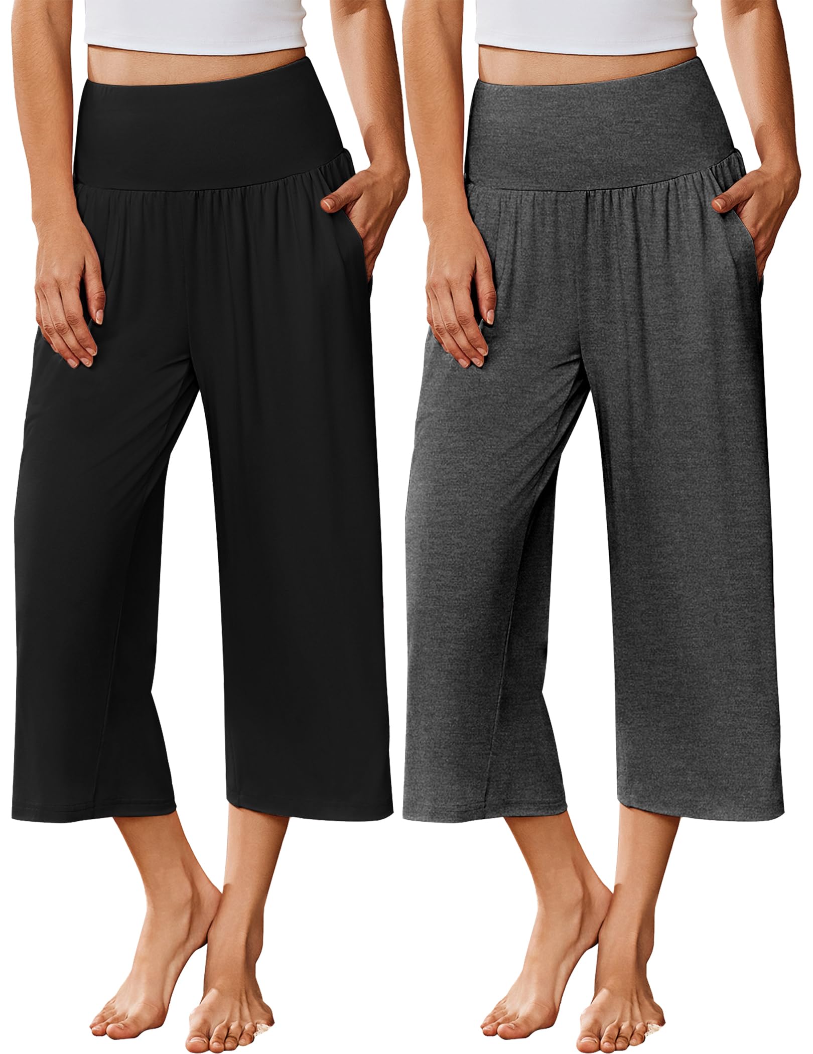 Ekouaer 2 Pack Womens Pajama Pants 2026 Wide Leg Capri Yoga Pants Lounge Comfy Sleep Pj Bottoms with Pockets