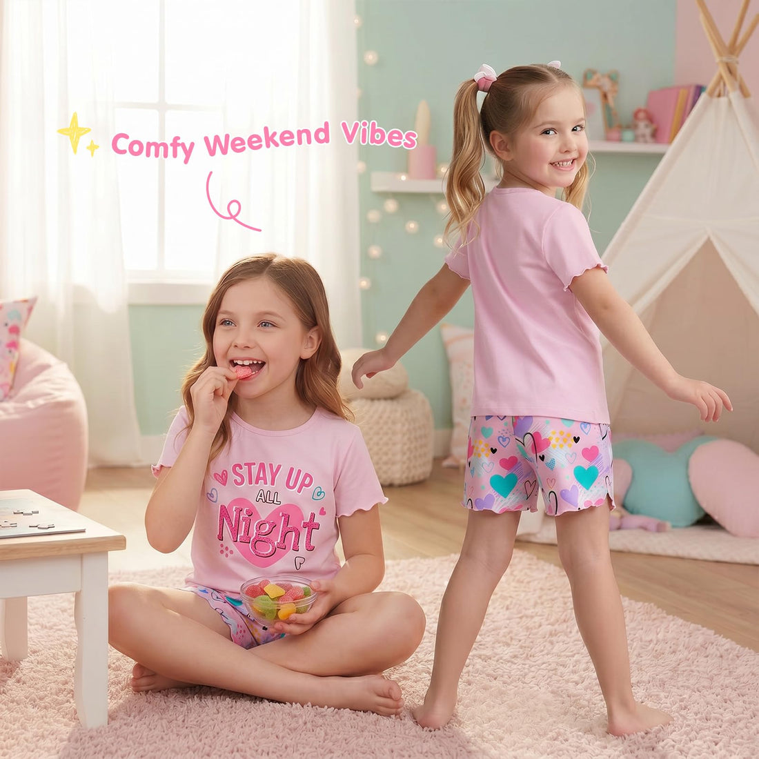 Play Tailor Girls Pajamas for Toddler Ruffled Kids Pajamas Set Short Sleeves Summer Pjs Sleepwear for Girl