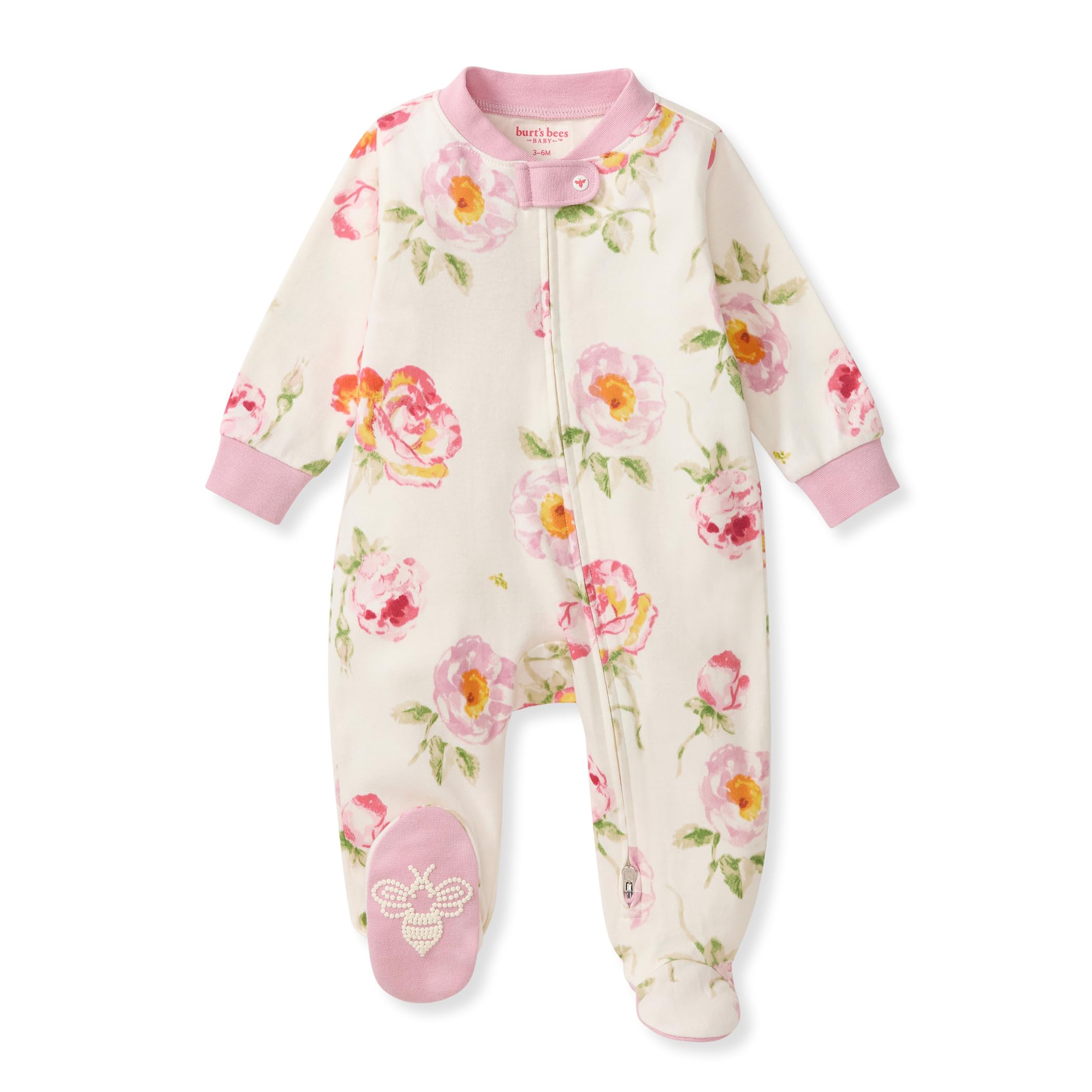 Burt's Bees Baby Organic Cotton Sleep and Play Footed Pajamas for Girls, Zipper PJ Newborn Sleeper with Non-Slip Bee Grips