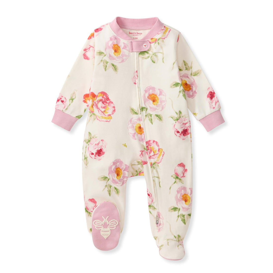 Burt's Bees Baby Organic Cotton Sleep and Play Footed Pajamas for Girls, Zipper PJ Newborn Sleeper with Non-Slip Bee Grips