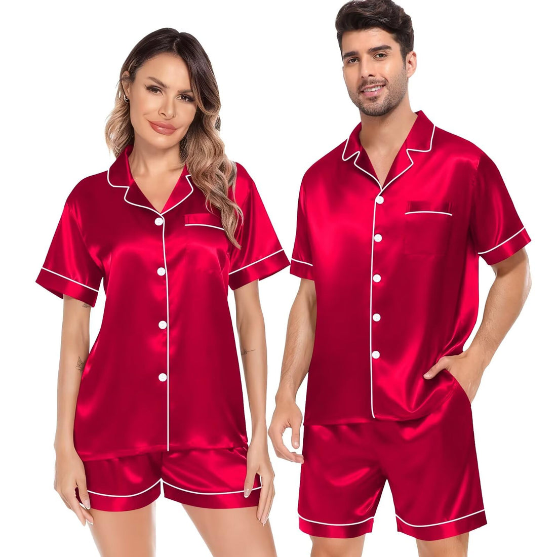 SWOMOG Satin Matching Pajamas Sets Couple Silk Button Down Nightwear Women & Men Short Sleeve Sleepwear 2 Pieces Loungewear