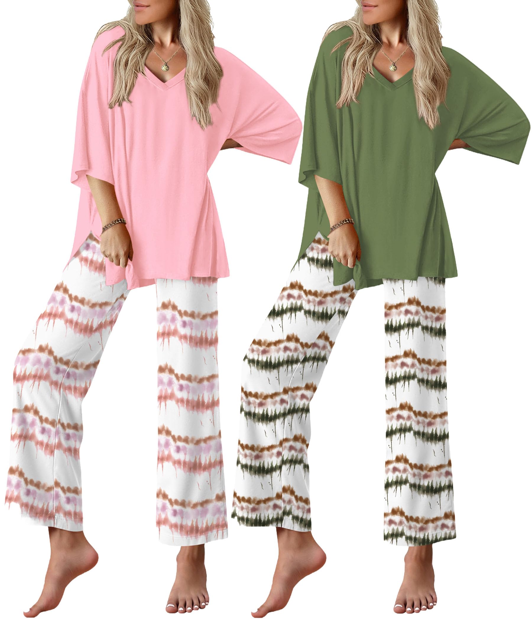 Ekouaer 2 Packs Lounge Sets for Women Short Sleeve Pajamas Set V Neck Top and Long Pants Comfy Pjs Outifts with Pockets