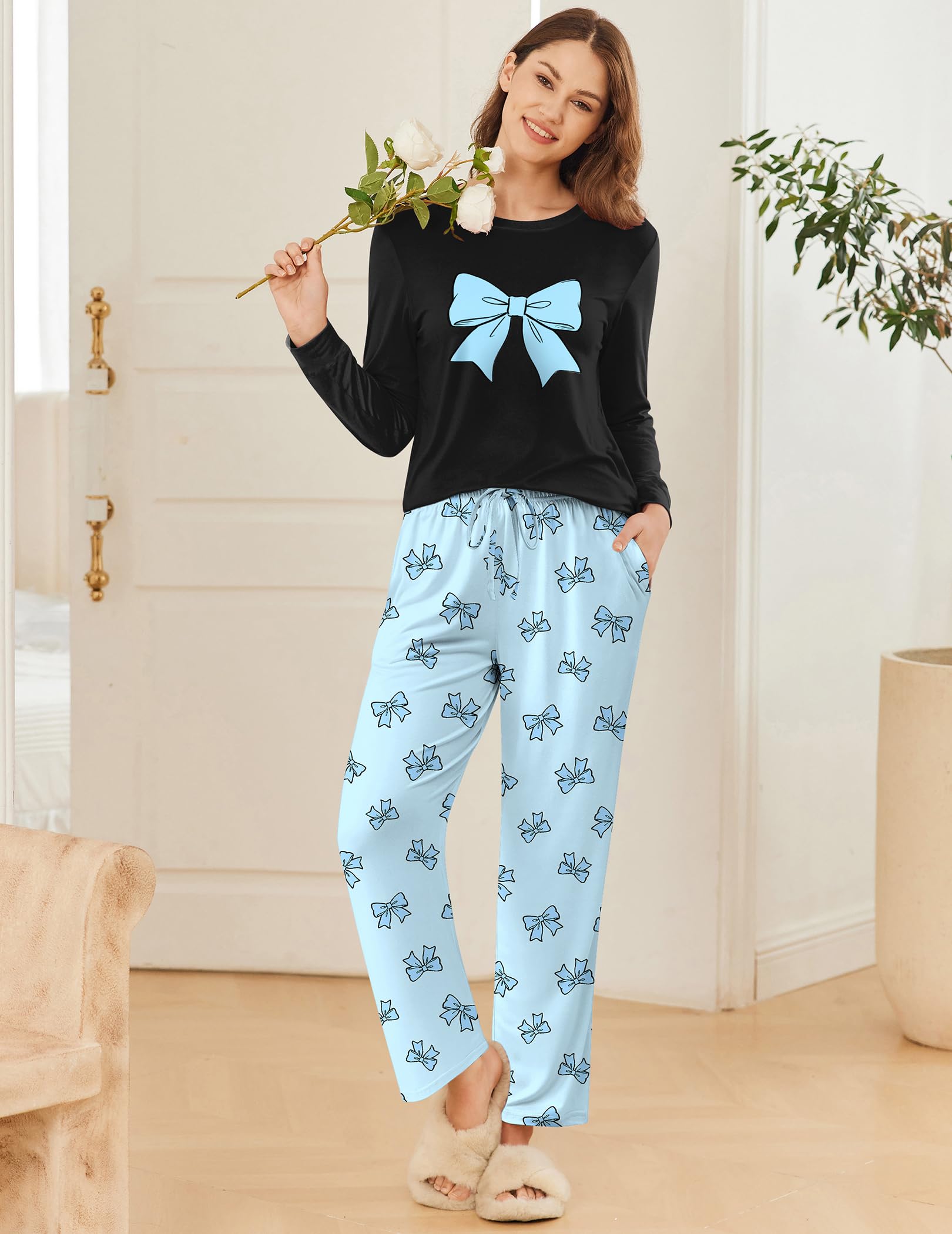Ekouaer 2 Pack Women Pajama Long Sleeve Sleepwear Soft Loungewear Pjs Sets with Pockets S-XXL
