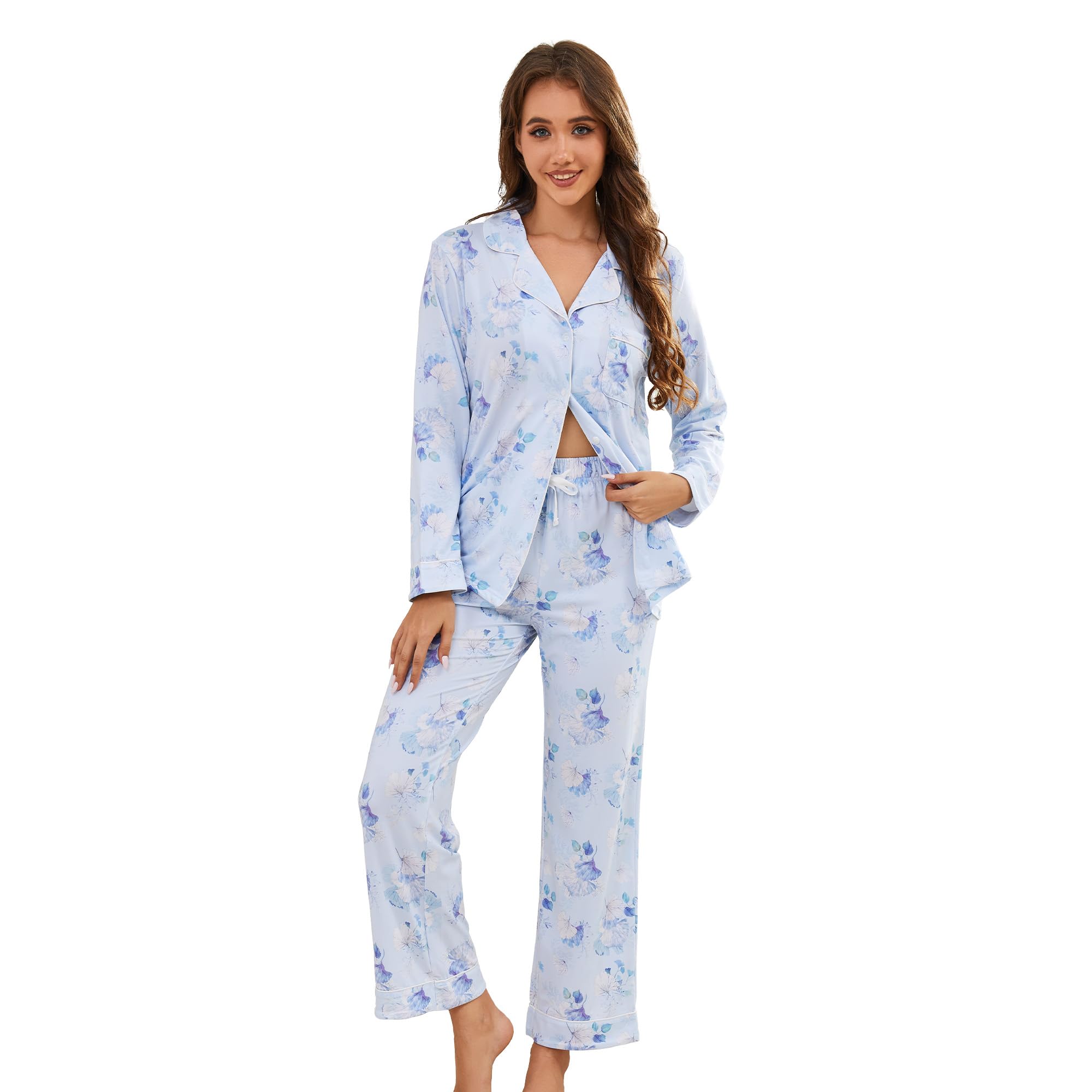 LYCY Womens Pajama Sets Floral Print, Long Sleeve Button Down Pajamas Set for Women Soft Sleepwear Pjs 2 piece Loungewear