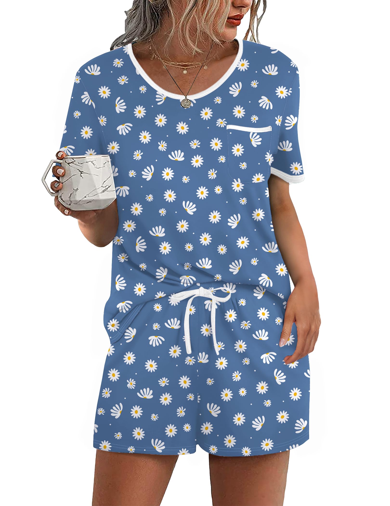 Ekouaer Pajama Set for Women 2 Piece Lounge Set Short Sleeve Tops and Shorts Soft Sleepwear, Chest Pocket