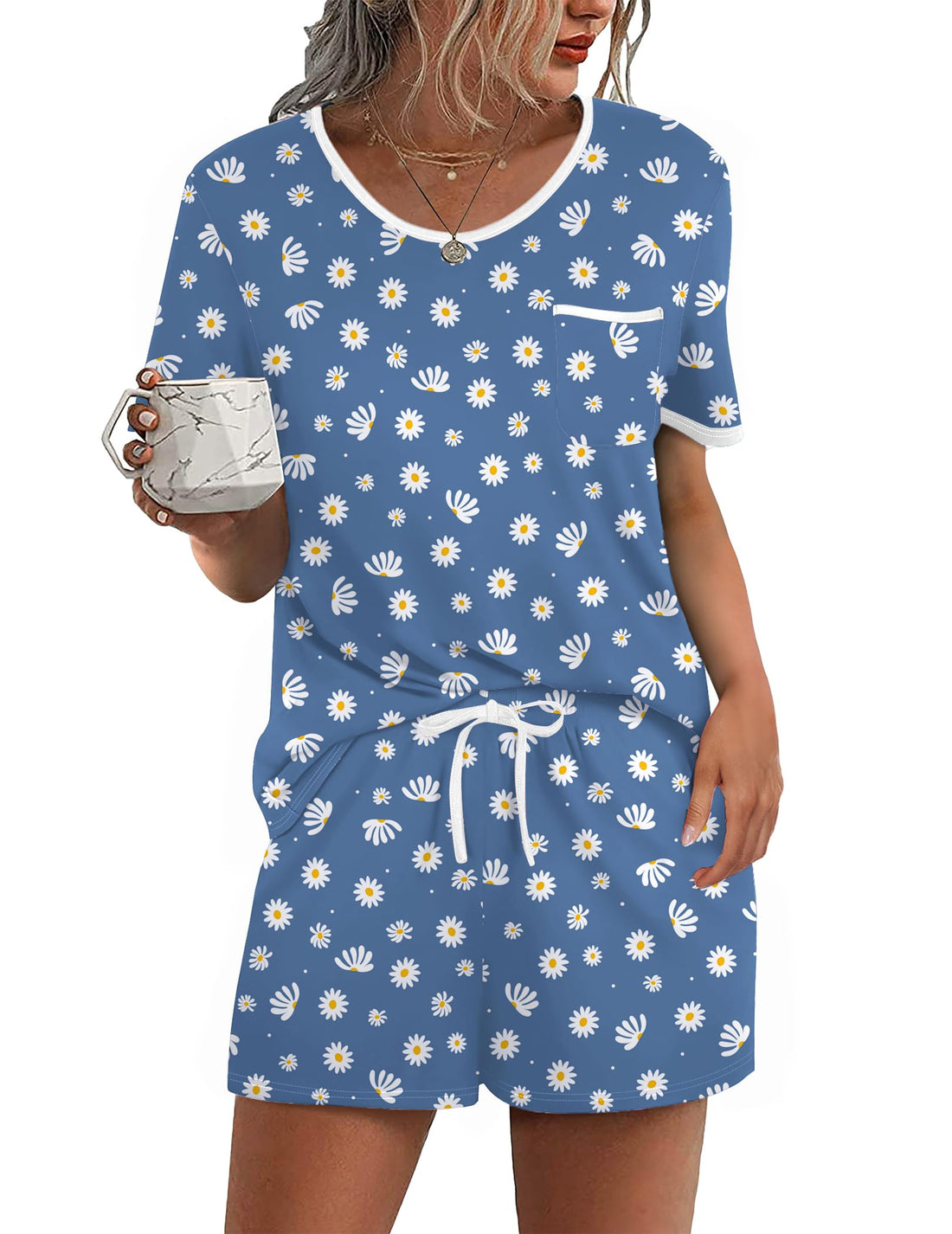 Ekouaer Pajama Set for Women 2 Piece Lounge Set Short Sleeve Tops and Shorts Soft Sleepwear, Chest Pocket