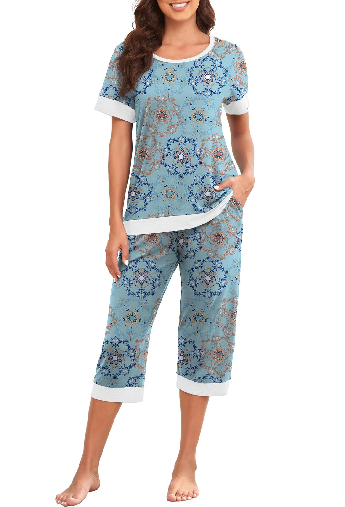 PrinStory Women's Pajama Set Short Sleeve Shirt and Capri Pants Sleepwear Pjs Sets Lounge Set WEBE CLOTHING