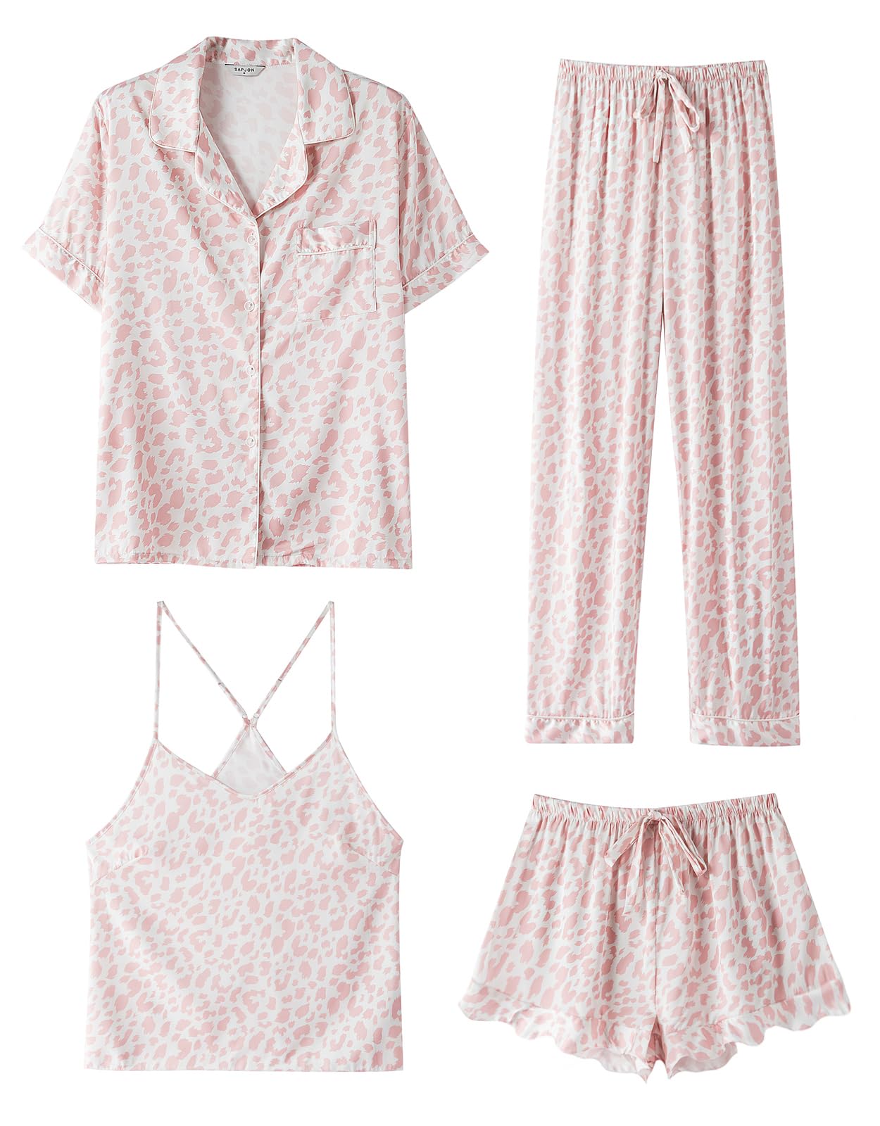 SAPJON Silk Pajamas for Women Set 4Pcs Ruffled Satin Pajamas Set Button Down Short Sleeve Cami Shorts Sleepwear Pj Set