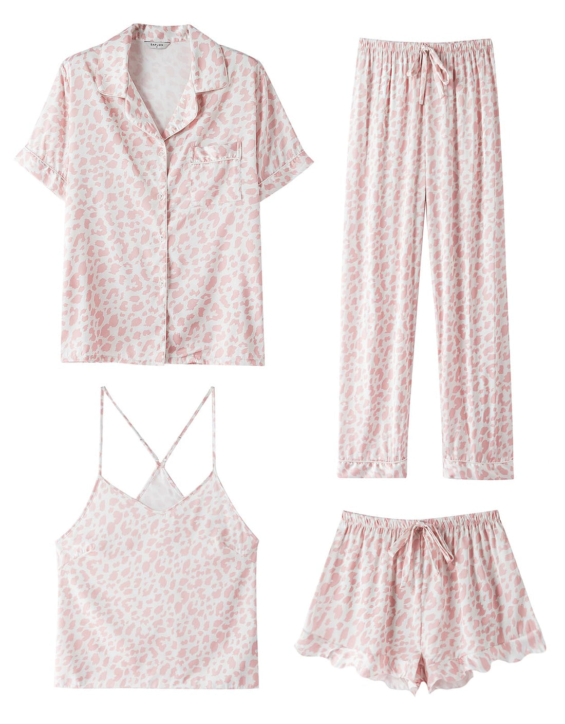 SAPJON Silk Pajamas for Women Set 4Pcs Ruffled Satin Pajamas Set Button Down Short Sleeve Cami Shorts Sleepwear Pj Set