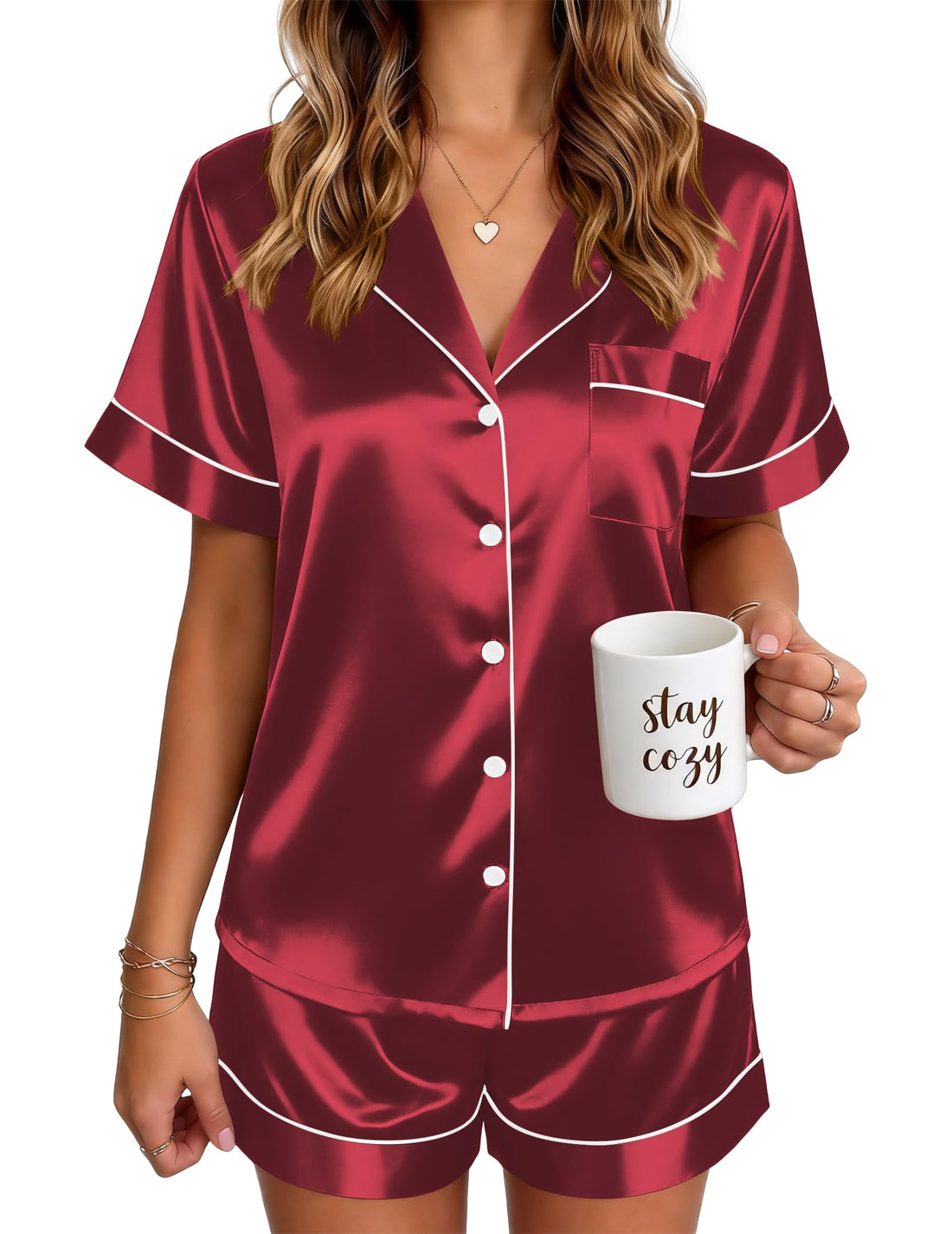 Ekouaer Satin Pajamas for Women Silk Pjs Short Set 2 Piece Button Up Lounge Sets Short Sleeve Sleepwear S-XXL