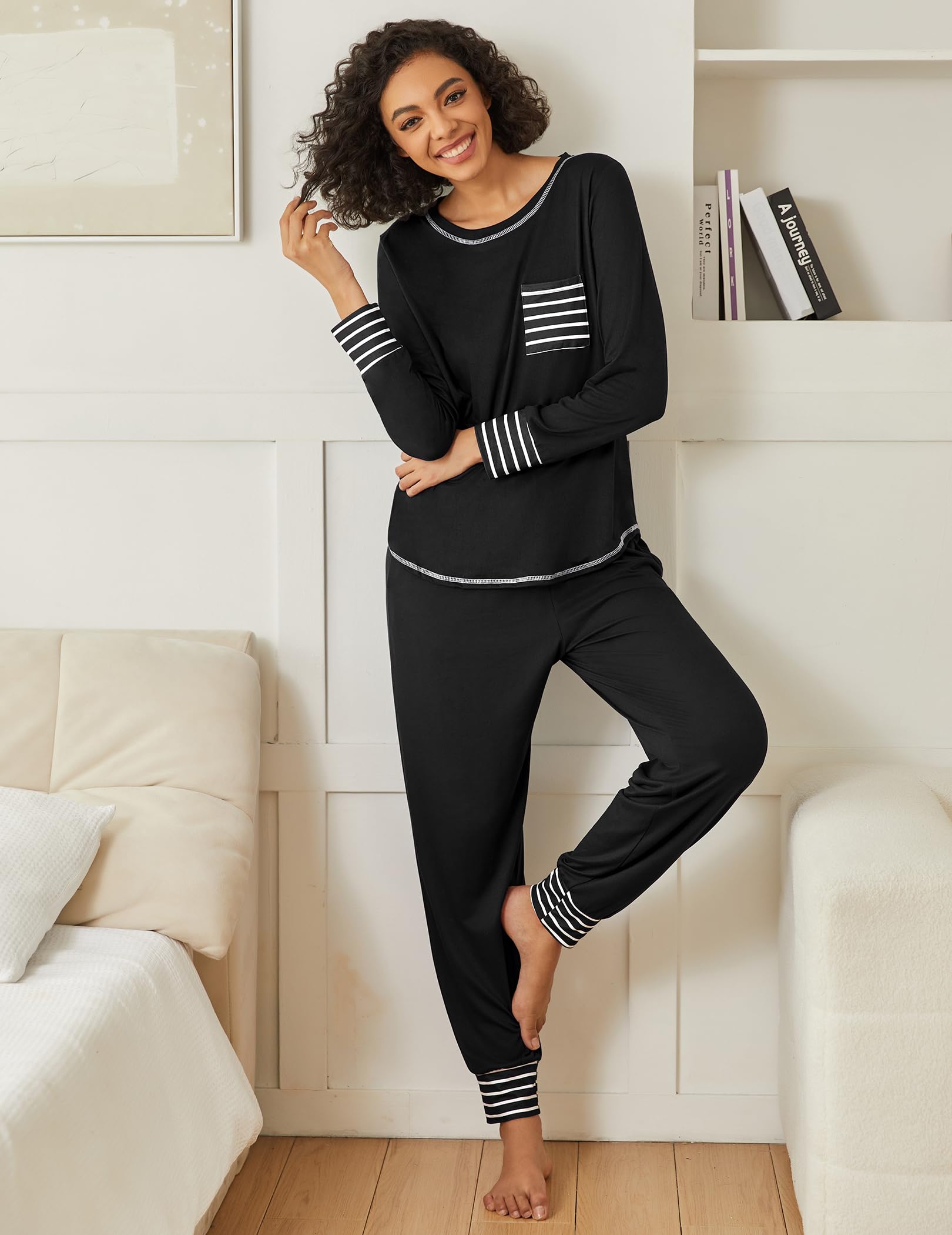 Ekouaer 2 Pack Womens Pajama Sets Long Sleeve Lounge Sets Soft Pj Sleepwear Loungewear