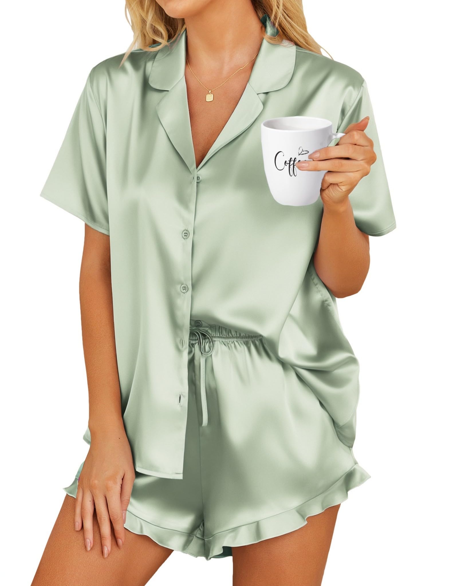 HOTOUCH Womens Satin Pajamas Set Button Down 2 Piece Silk Pjs Shorts Set Ruffle Lingerie Notch Collar Sleepwear