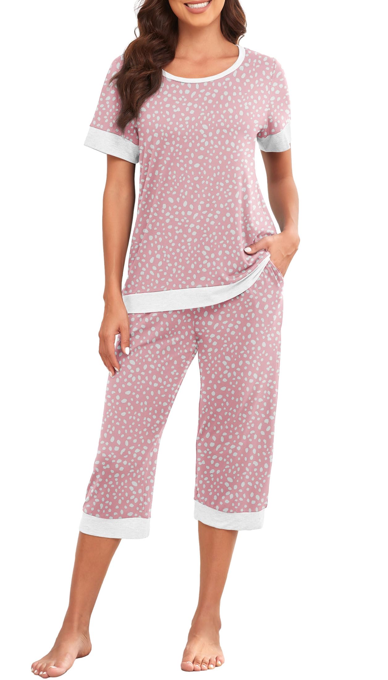 PrinStory Women's Pajama Set Short Sleeve Shirt and Capri Pants Sleepwear Pjs Sets Lounge Set WEBE CLOTHING