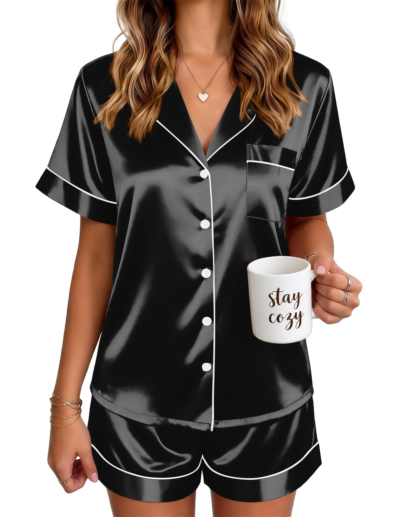 Ekouaer Satin Pajamas for Women Silk Pjs Short Set 2 Piece Button Up Lounge Sets Short Sleeve Sleepwear S-XXL