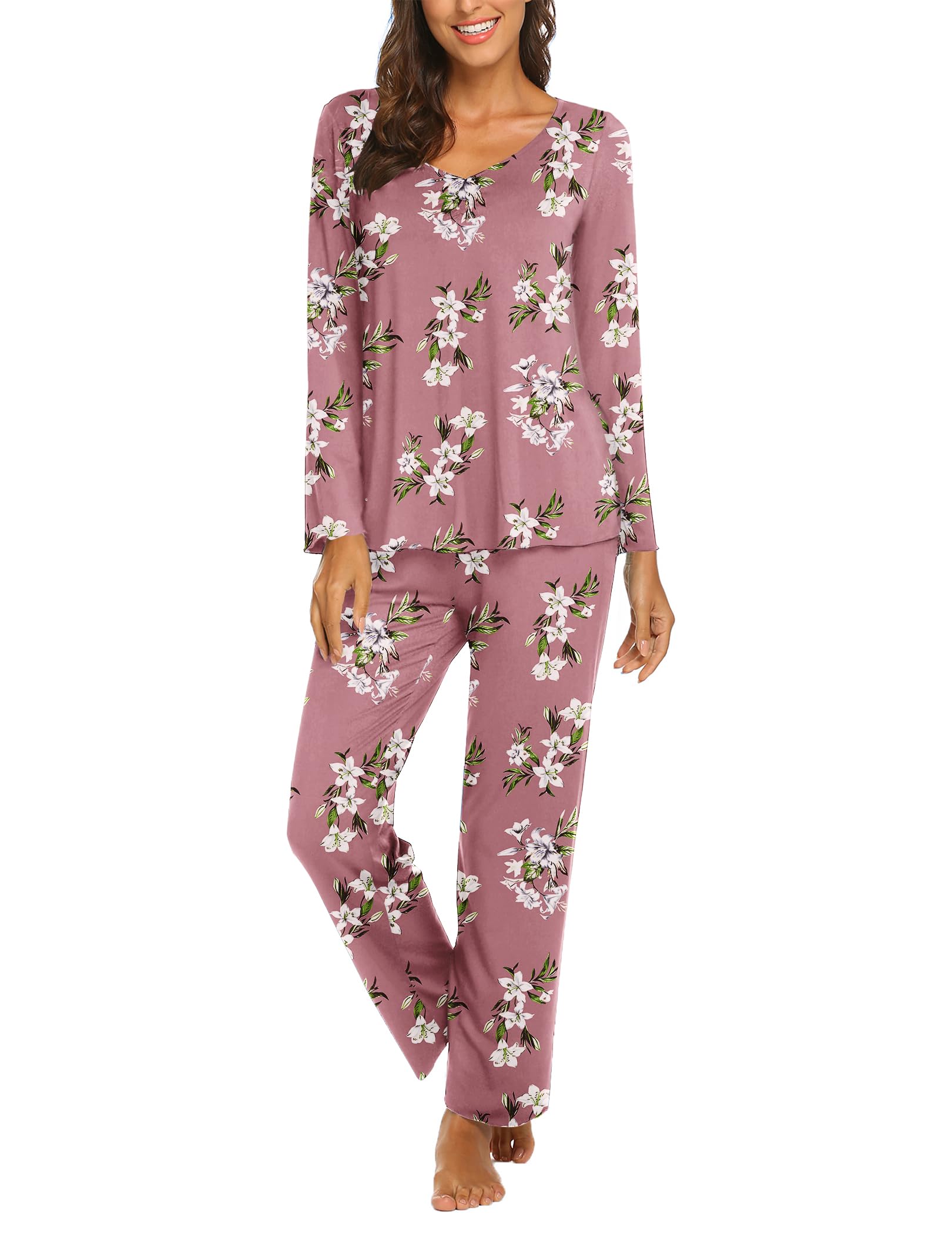 Ekouaer Womens Pajama Sets 2 Piece Lounge Set Fall Winter Pajamas Long Sleeve Pjs Top and Pants Soft Pj Sets Loose Sleepwear