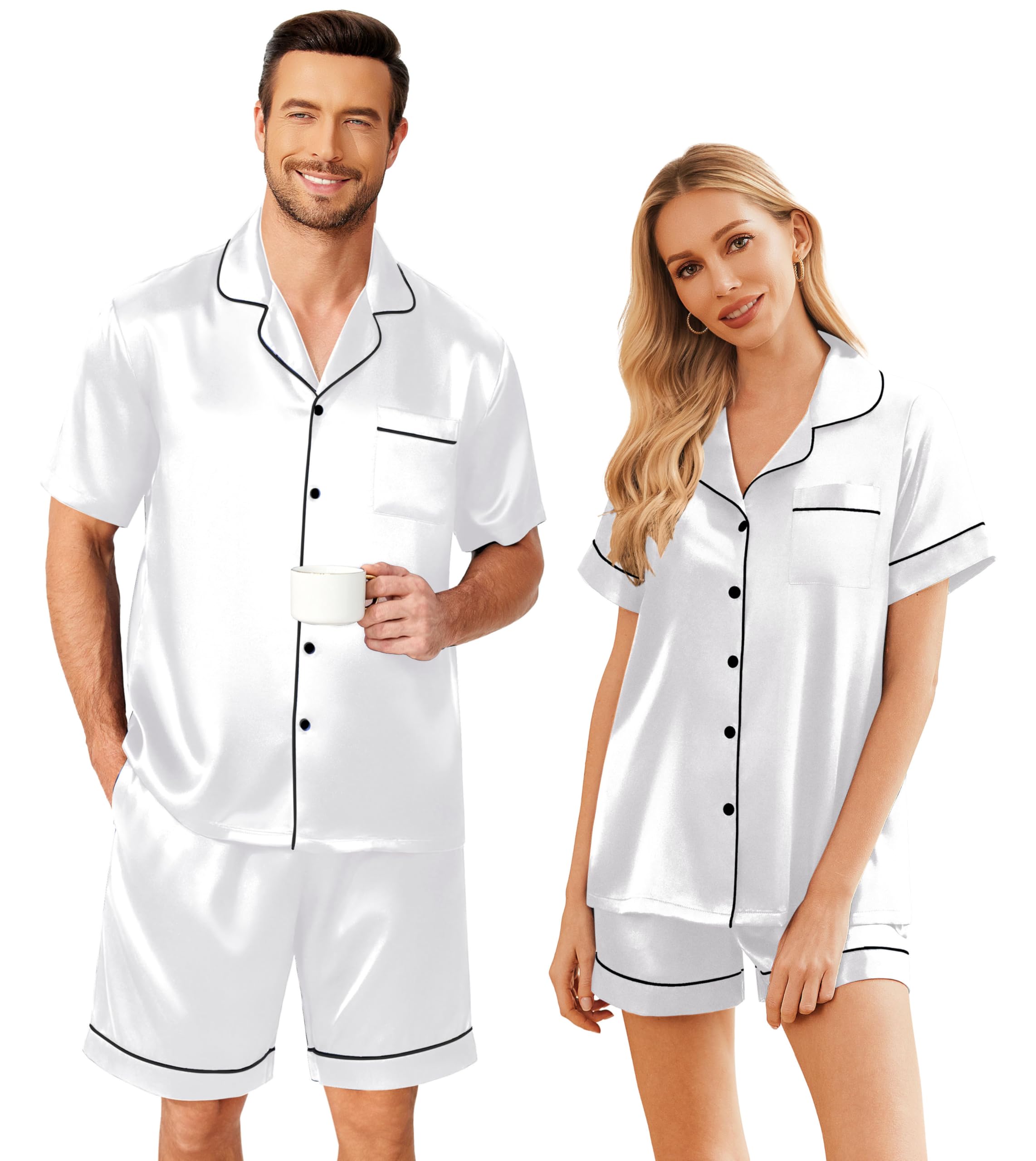 Ekouaer Couple Matching Pajamas Sets Silk Short Sleeve Button Down Sleepwear Satin Pjs Shorts Set Soft Loungewear S-XXL